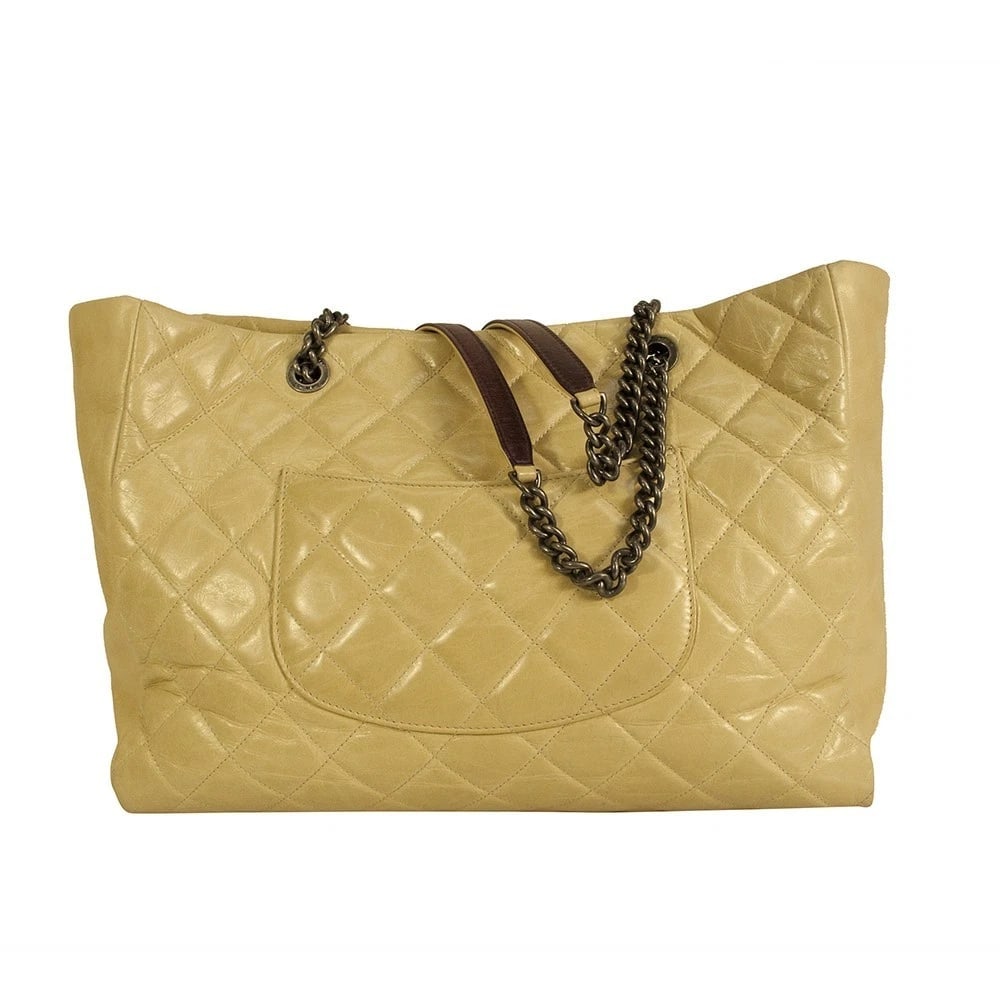 CHANEL Glazed calfskin large flap front pocket tote beige bag gunmetal hardware - 3