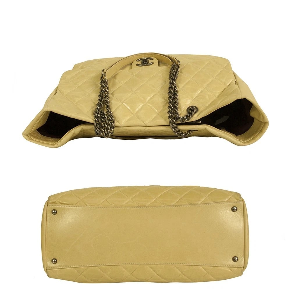 CHANEL Glazed calfskin large flap front pocket tote beige bag gunmetal hardware - 6