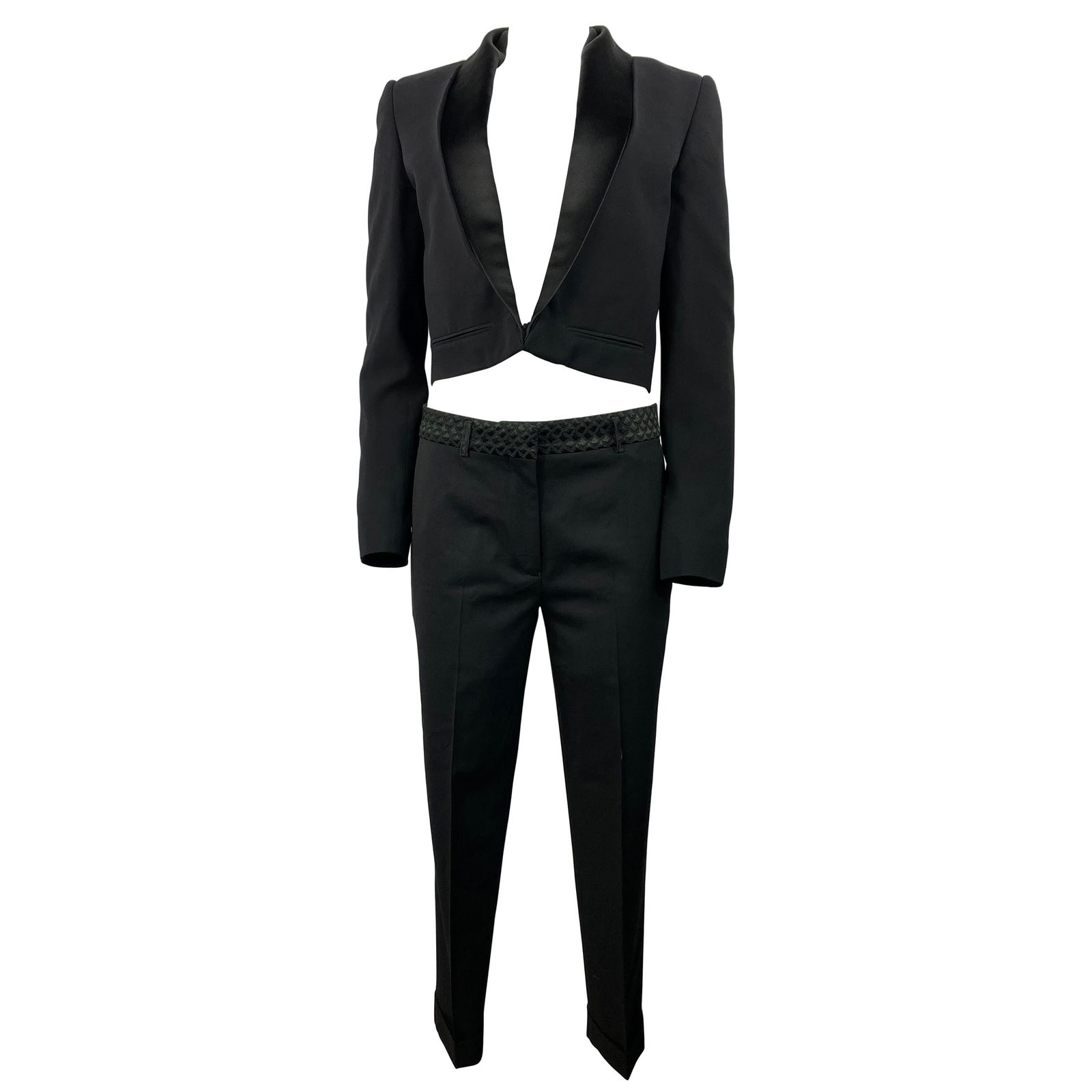 Haider Achermann Black Silk Tuxedo Blazer and Wool Pants Suit Set: Product details: The blazer features dual front imitated pockets and front hook closure, black silk collar detail. Size 38. Length is 19", bust is 36.5", waist is 33". The trousers feature straight fi