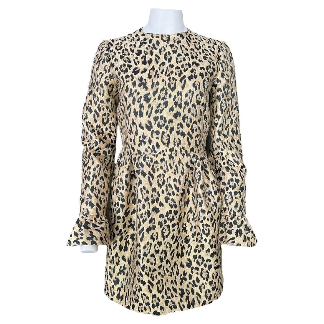 Valentino Leopard Brocade Dress, Size 44: Crew neck line Long sleeves with ruffled cuffs Mini length Metallic detail Gathered waist Concealed rear zip closure with the hook Side pockets Made in Italy Reserve: $680.00 