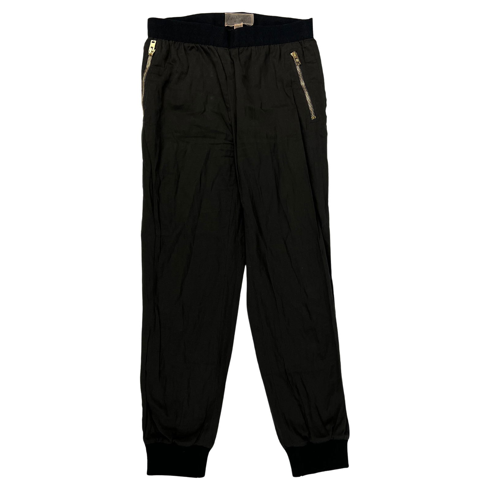 Giambattista Valli Brown and Black Cargo Pants, Size 42: Product details: The pants feature black black elastic detail at the waist and ankles and gold tone side zippers. Reserve: $1,000.00 Shipping: Domestic: Flat-rate of $85.99 to anywhere withi