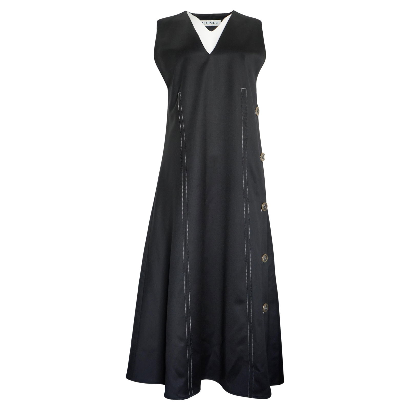 Claudia Li Black Wool Sleeveless Midi dress, Size 4: Claudia Li black a-line sleeveless v-neck midi dress. Size 4 with side button detailing, accented with white parallel line stitching along the front and back. Classy and casual. Reserve: $680.00 Shipp