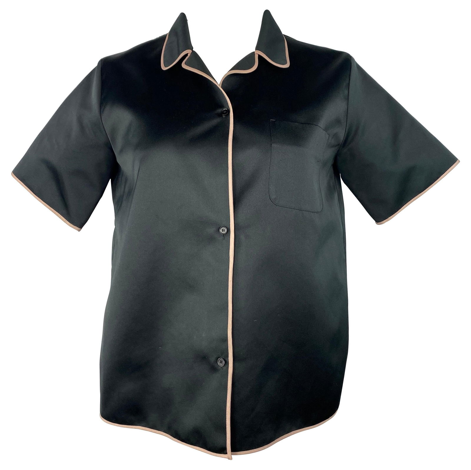 Rochas Black Short Sleeves Button Down Blouse Shirt Top, Size 42: Product details: The shirt features cream/ peach/ light pink trimming, collar, three front buttons closure and side pocket detail. Made in Italy. Reserve: $520.00 Shipping: Domestic: Flat-rate