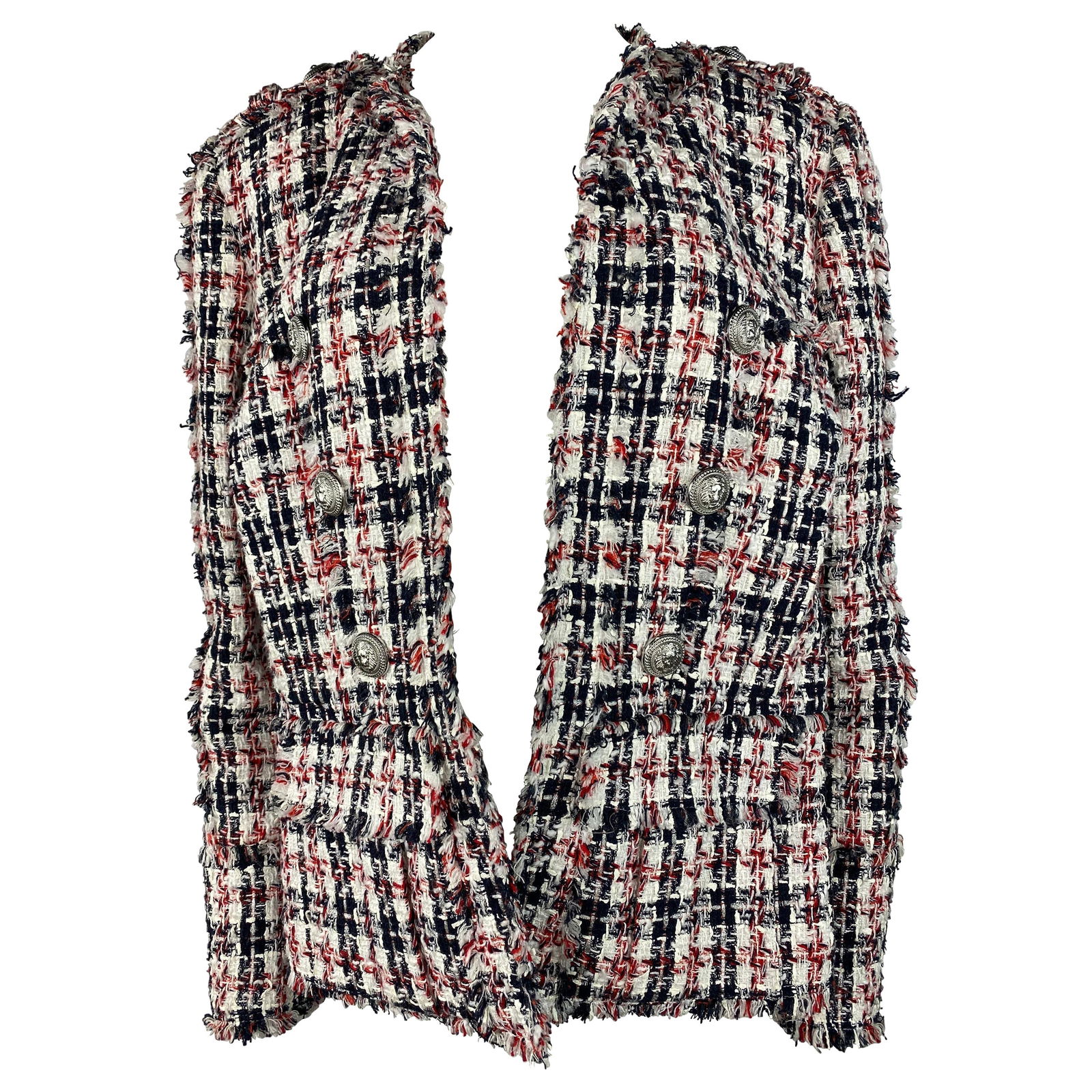 Balmain Multicolored Tweed Blazer Jacket: Product details: The jacket features navy, red, white and silver colors, silver tone buttons and front dual pockets. Reserve: $960.00 Shipping:Domestic: Flat-rate of $85.99 to anywhere