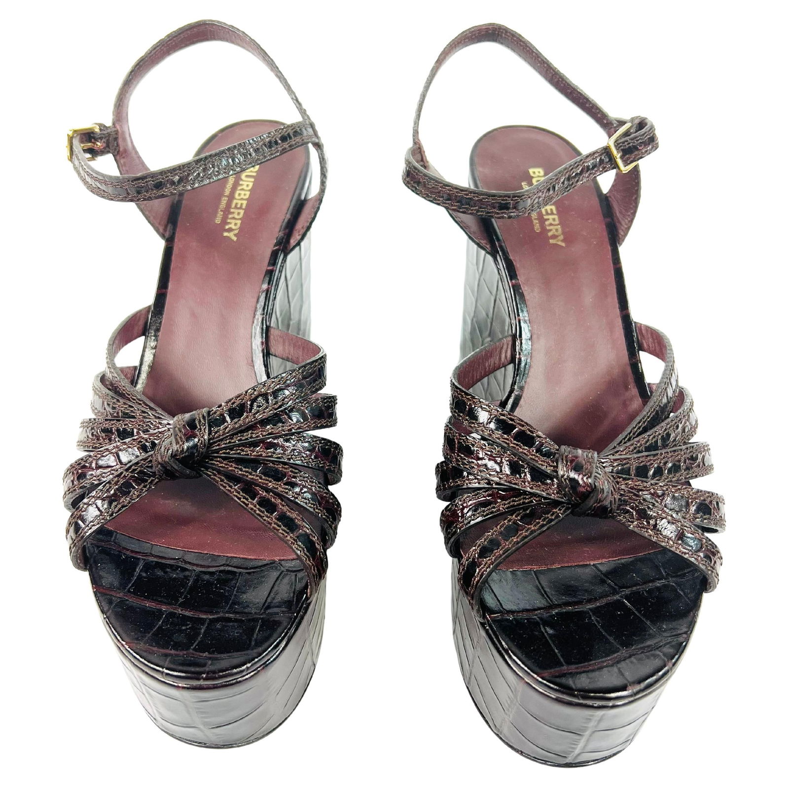 Burberry Burgundy Animal Skin Leather Sandals Shoes, Size 41: Product details: The shoes feature platform style with buckle closure and trapped design. Reserve: $520.00 Shipping:Domestic: Flat-rate of $85.99 to anywhere within the contiguous