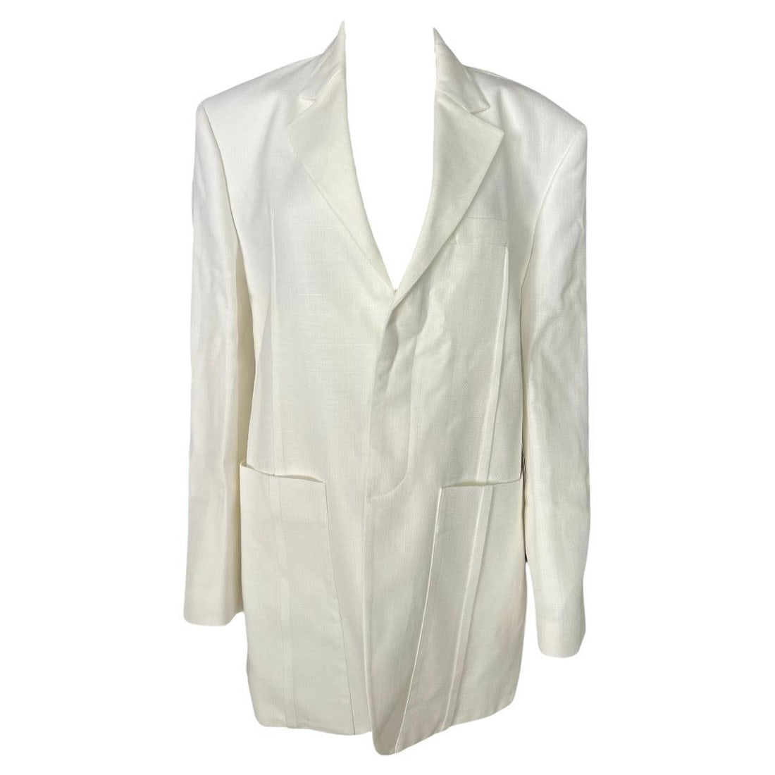 Jacquemus Le Coup De Soleil White Blazer Jacket, Size 38: Collar V neck line Front button closure Large side pockets detail Reserve: $720.00 Shipping: Domestic: Flat-rate of $85.99 to anywhere within the contiguous U.S. International: Foreign shipp