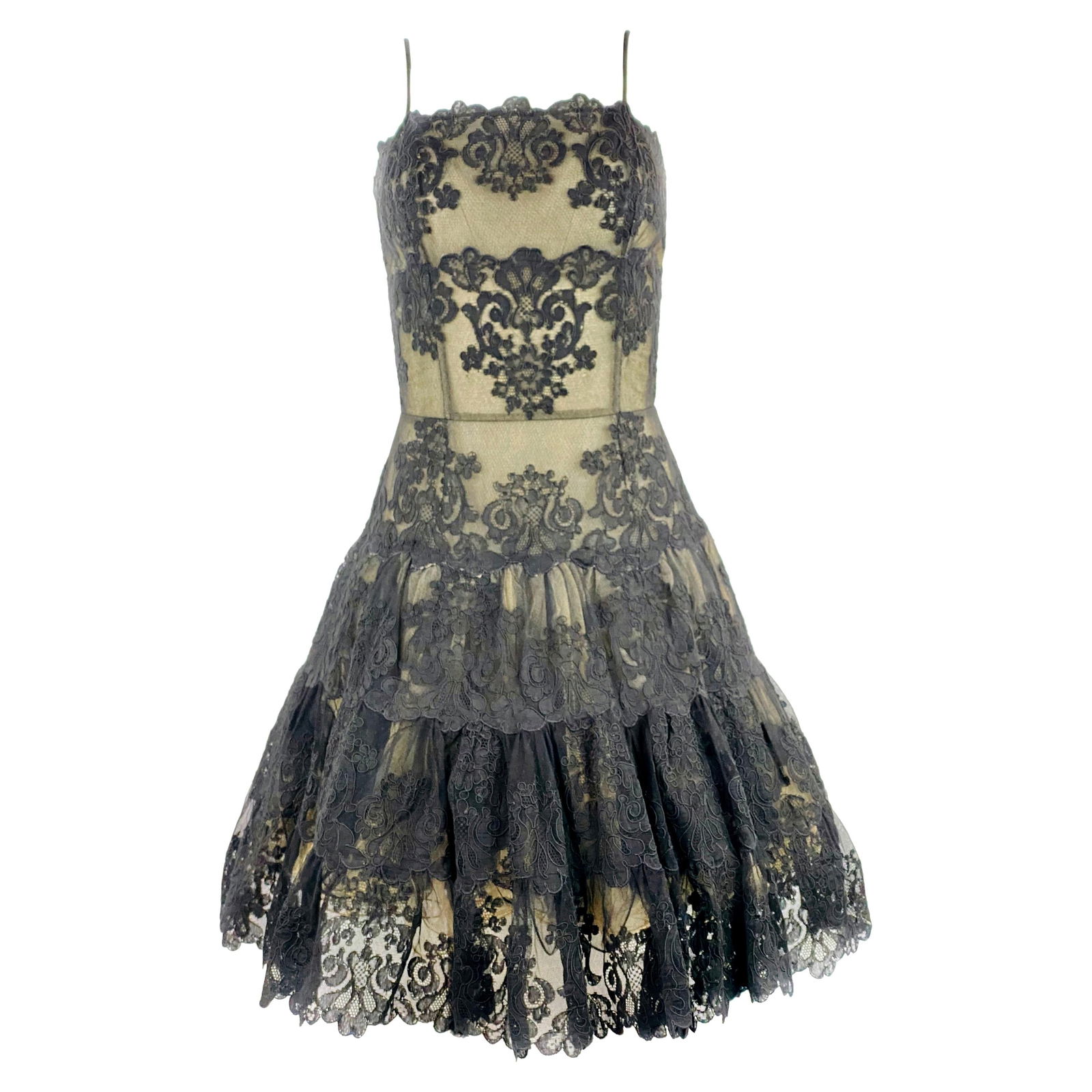 Vintage VICKY TIEL Couture Paris Black Floral Lace Sleeveless Mini Dress Size S: Vintage VICKY TIEL Couture Paris Black Floral Lace Sleeveless Mini Dress Size S Product details: Size S Black and beige floral lace Noodle strap drop measures 5” Rear zip closure measures