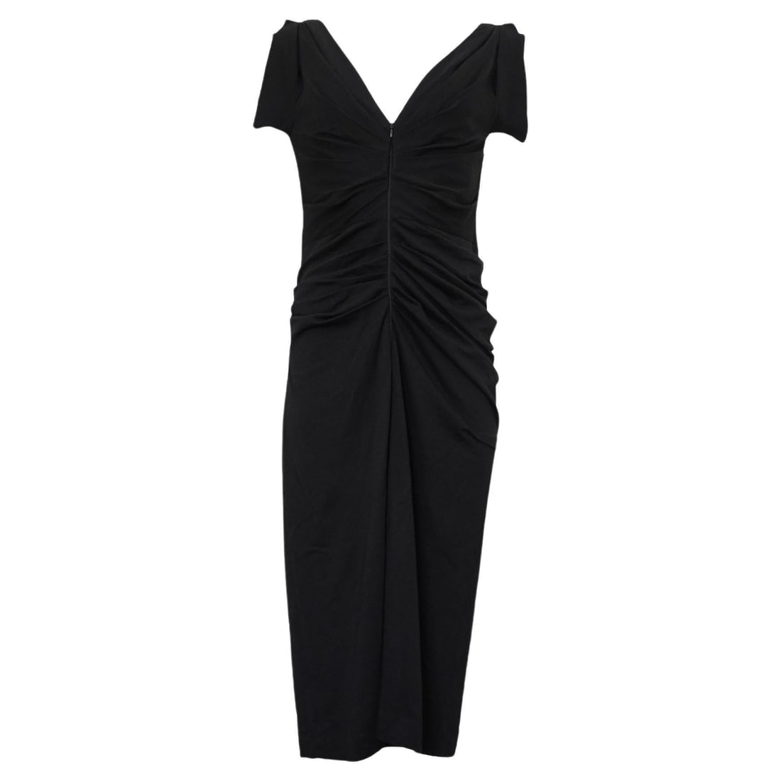 Dries Van Noten Black Midi Deep V Dress: Dries Van Noten Black Ruched Midi Deep V Dress. Front Center Zip Beautiful pleating and draping throughout Shoulder details Double-lined throughout the chest Size Medium Length: 49 inches Bust: 34