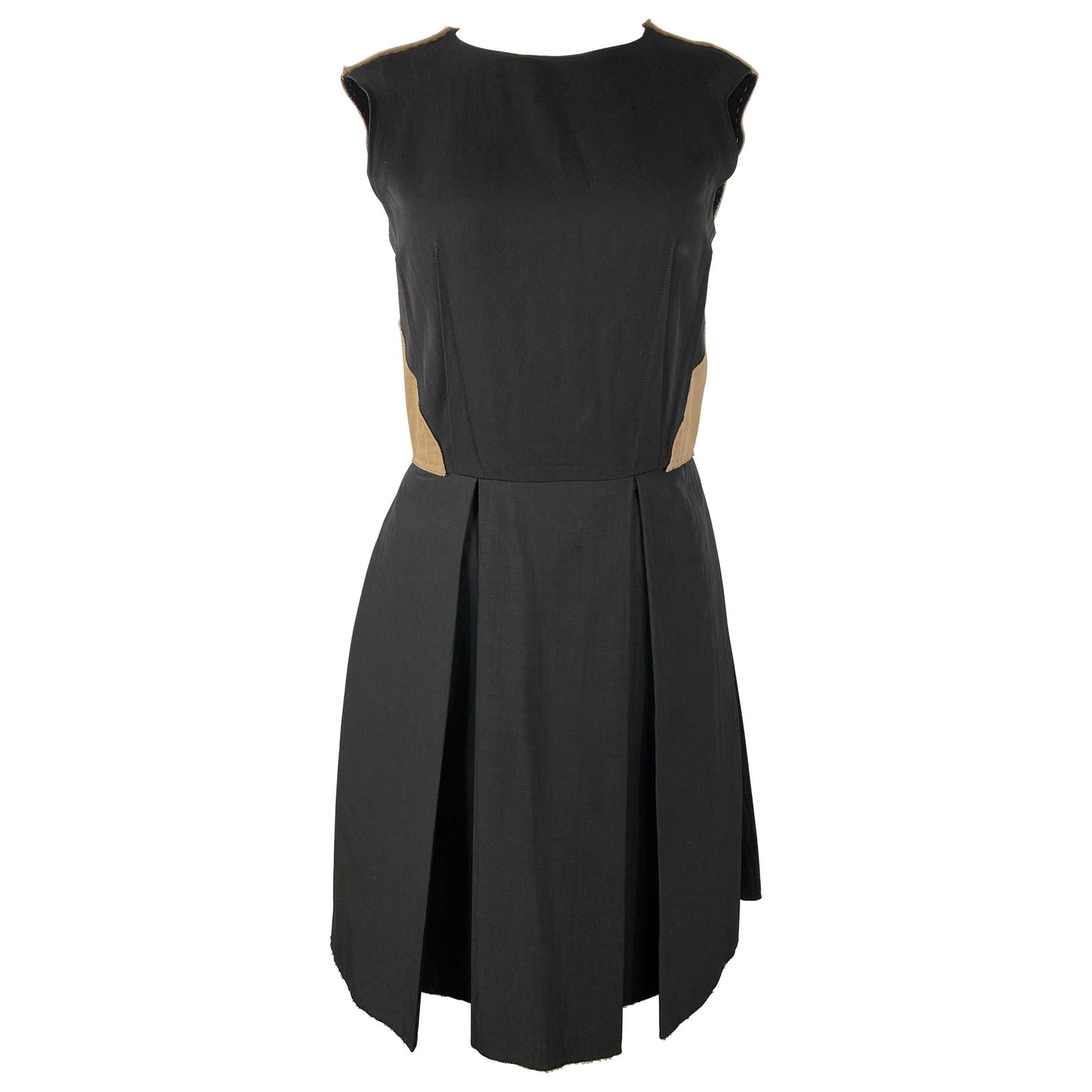 2006 LANVIN Black and Brown Mini Dress, Size 36: Product details: Black and brown wool dress designed by Lanvin in France, from 2006 collection. The dress features crew neck line, sleeveless, mini length, rear zip closure and ruffled skirt design. 