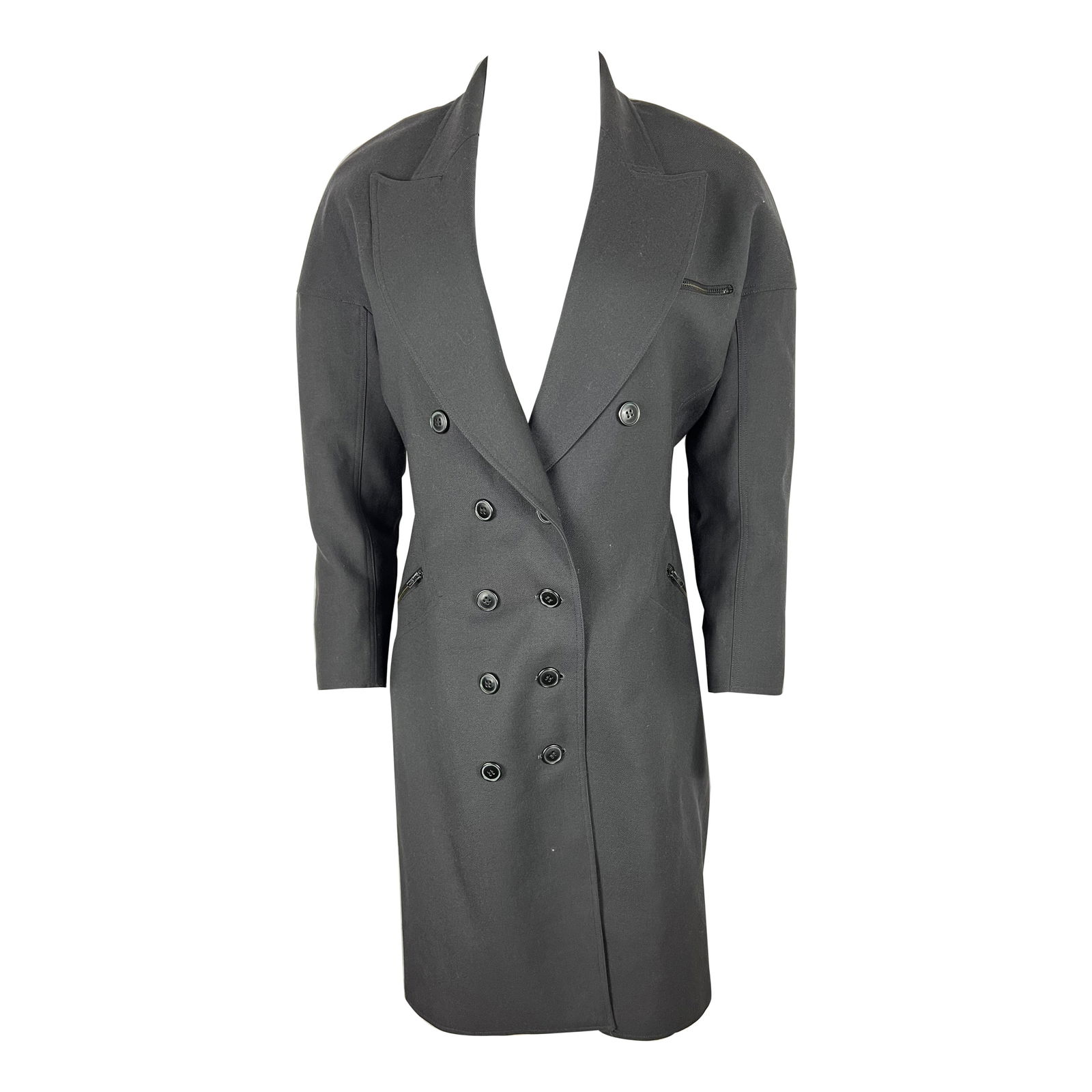Vintage Alaïa Wool Coat Dark Grey, Size 8: Vintage Alaïa Wool Coat Dark Grey, Size 8 • 3/4 sleeves • Mid length • Deep V-neck • Front button closure • Ruffled details in the back • Wide peak collar