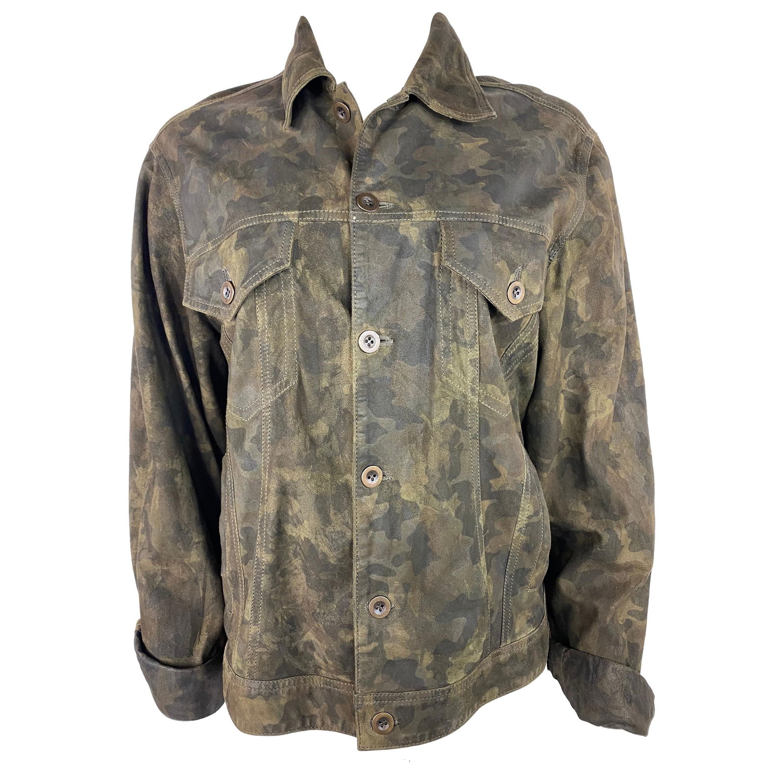Faith Connextion Green Camouflage Jacket, Size Medium: Product details: The jacket is made out of 100% goat leather and it feels like suede, featuring army camouflage print, collar, golt tone hardware, front button closure. Reserve: $1,352.00 