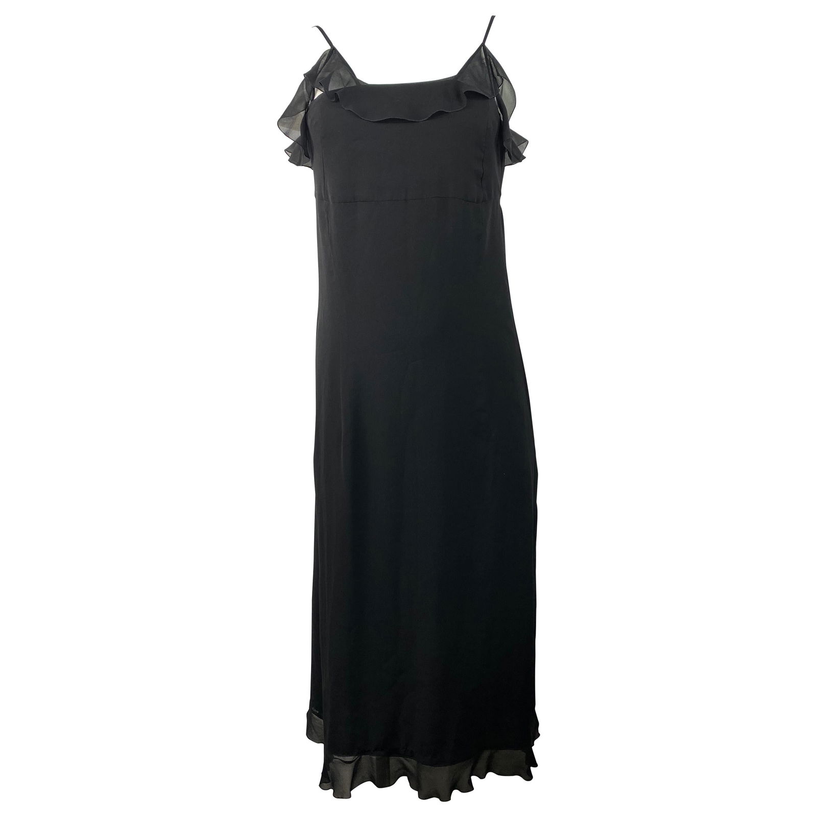 Chanel Boutique Black Silk Slip Dress Size 38: Product details: Featuring black silk, spaghetti straps, mid length, ruffled detail, slit on the back, rear button closure, the buttons stamped with Chanel Paris. Reserve: $760.00 