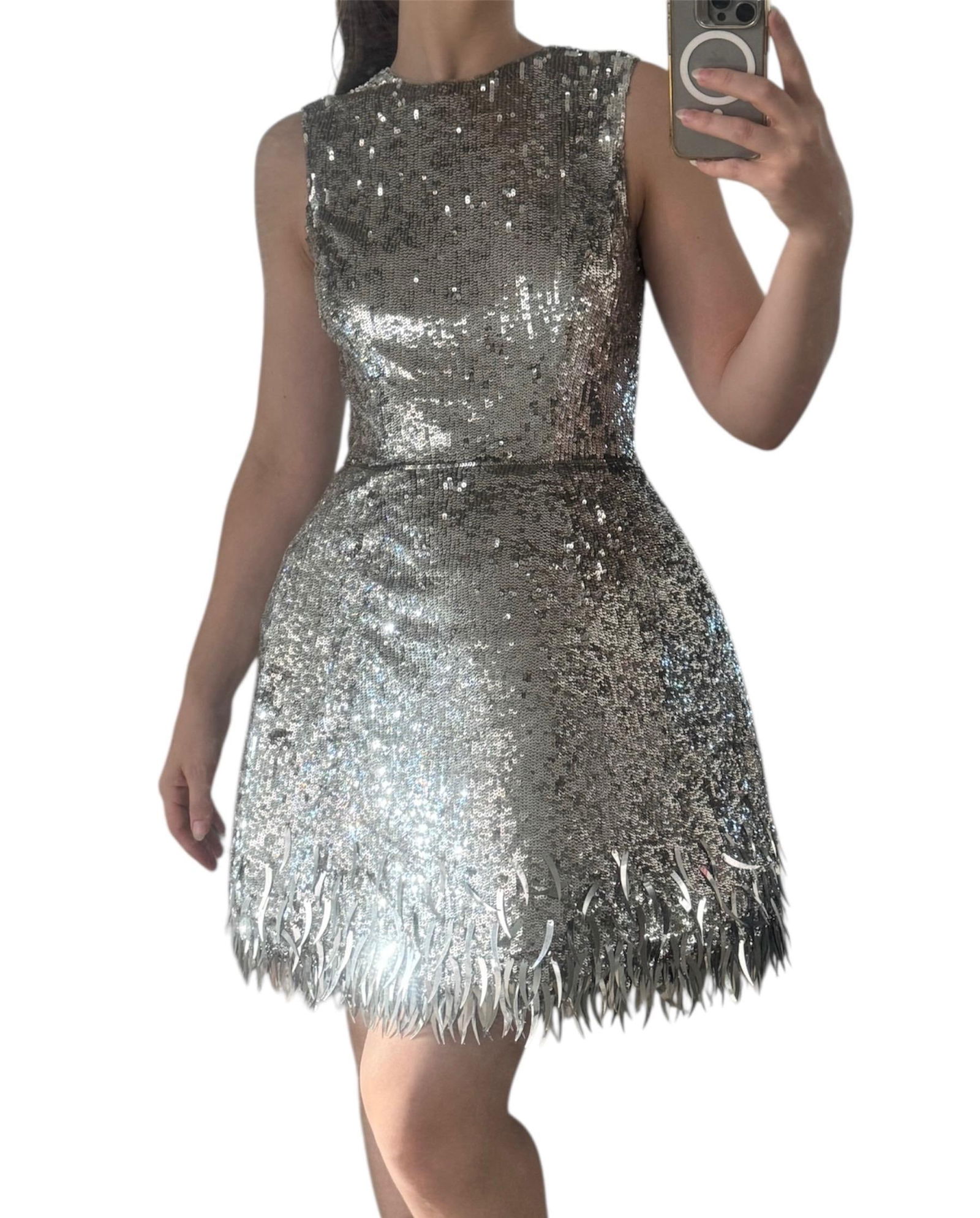 Oscar de la Renta Silver Sequined Fringe Mini Dress - 6