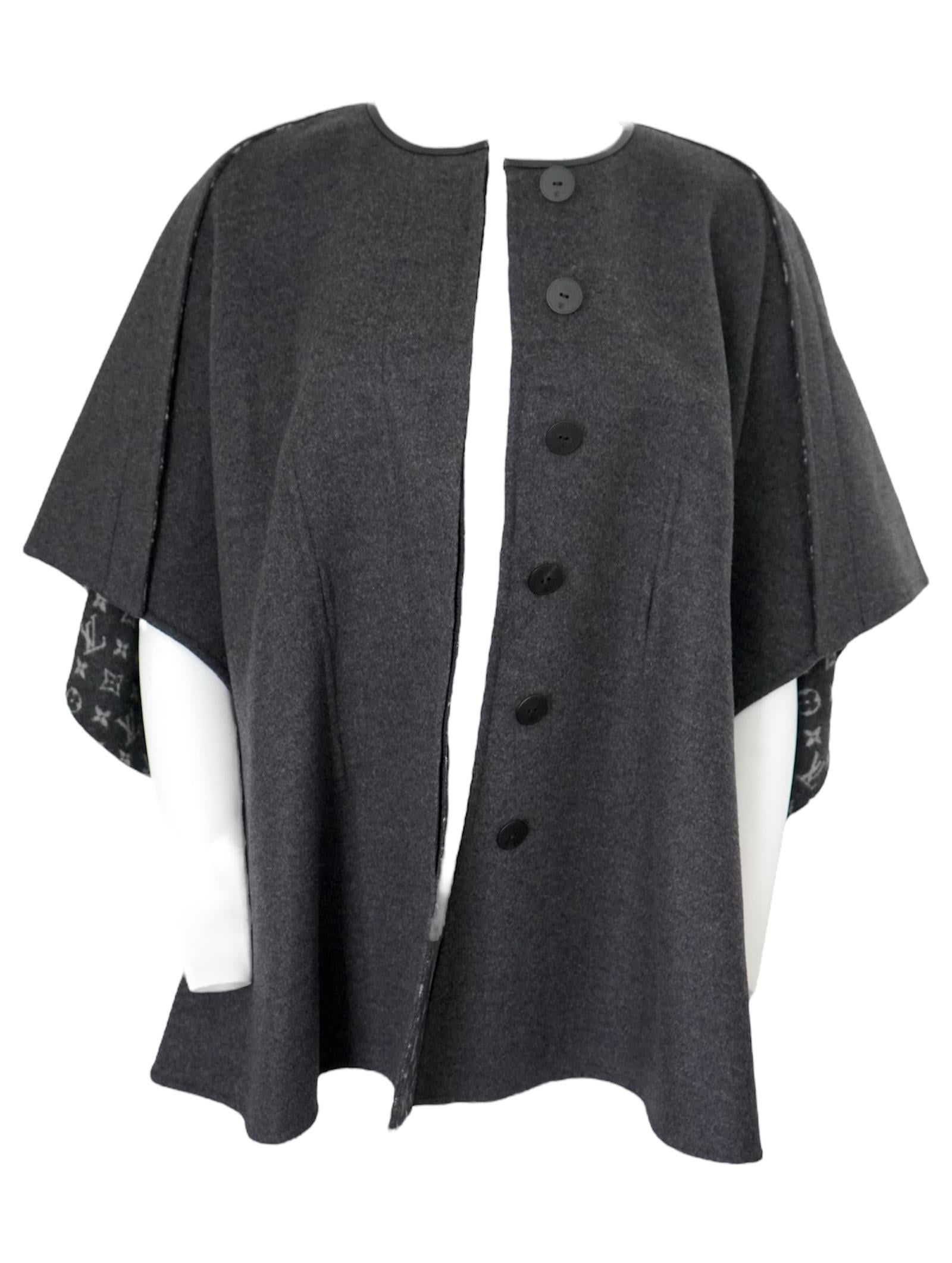 Louis Vuitton Monogram Grey Buttoned Wool Cape Coat - 10
