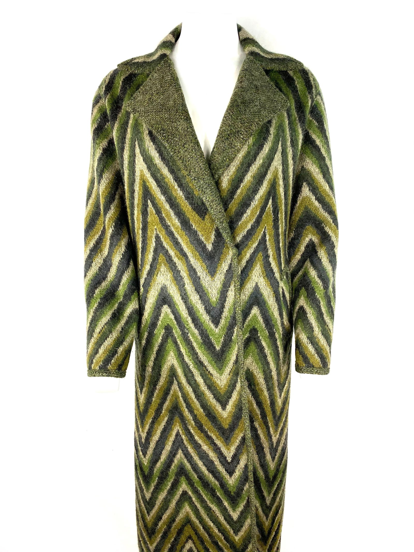 Vintage Missoni Green Striped Wool Blend Maxi Coat Jacket, Size 40 - 18