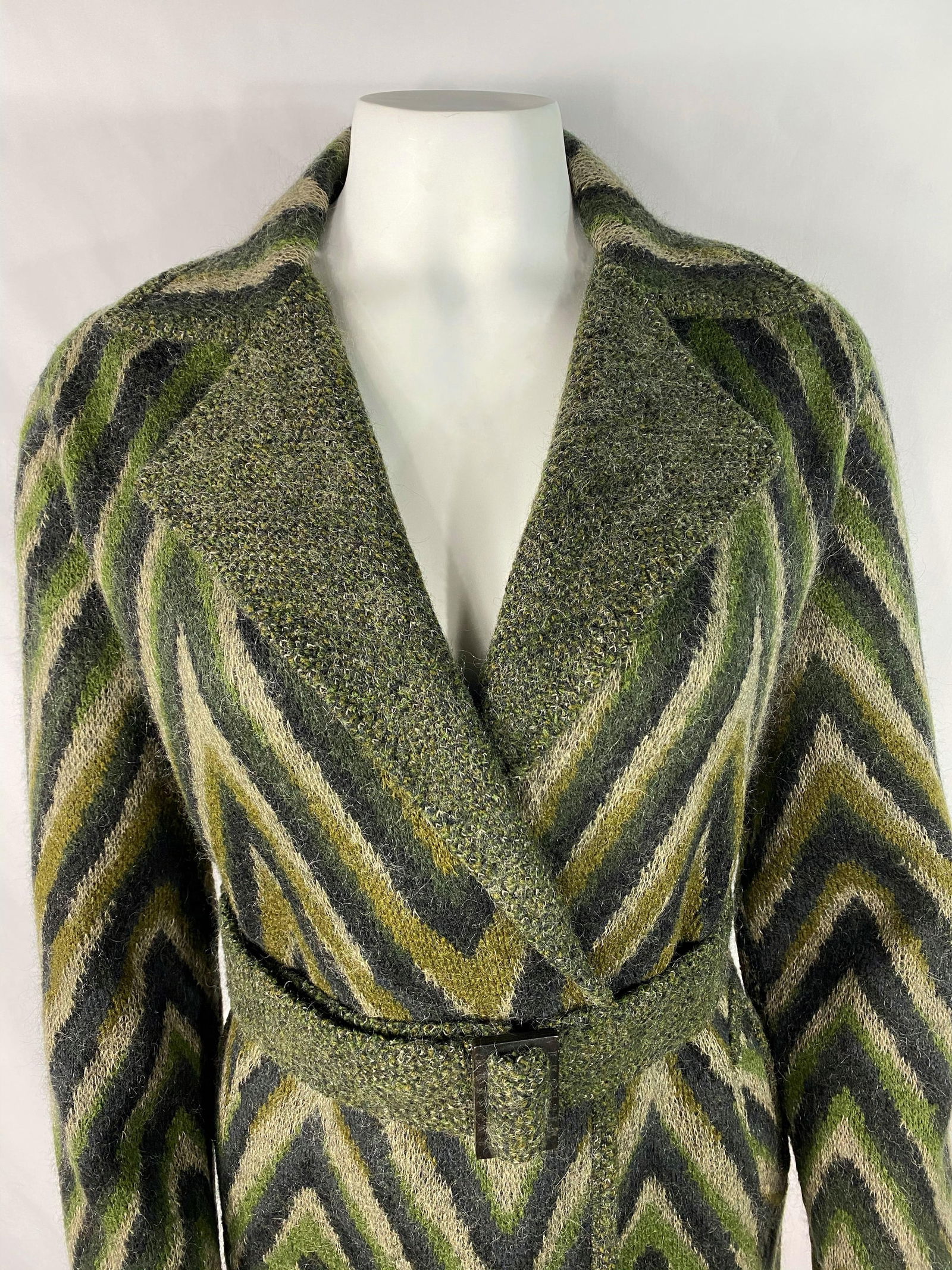 Vintage Missoni Green Striped Wool Blend Maxi Coat Jacket, Size 40 - 9