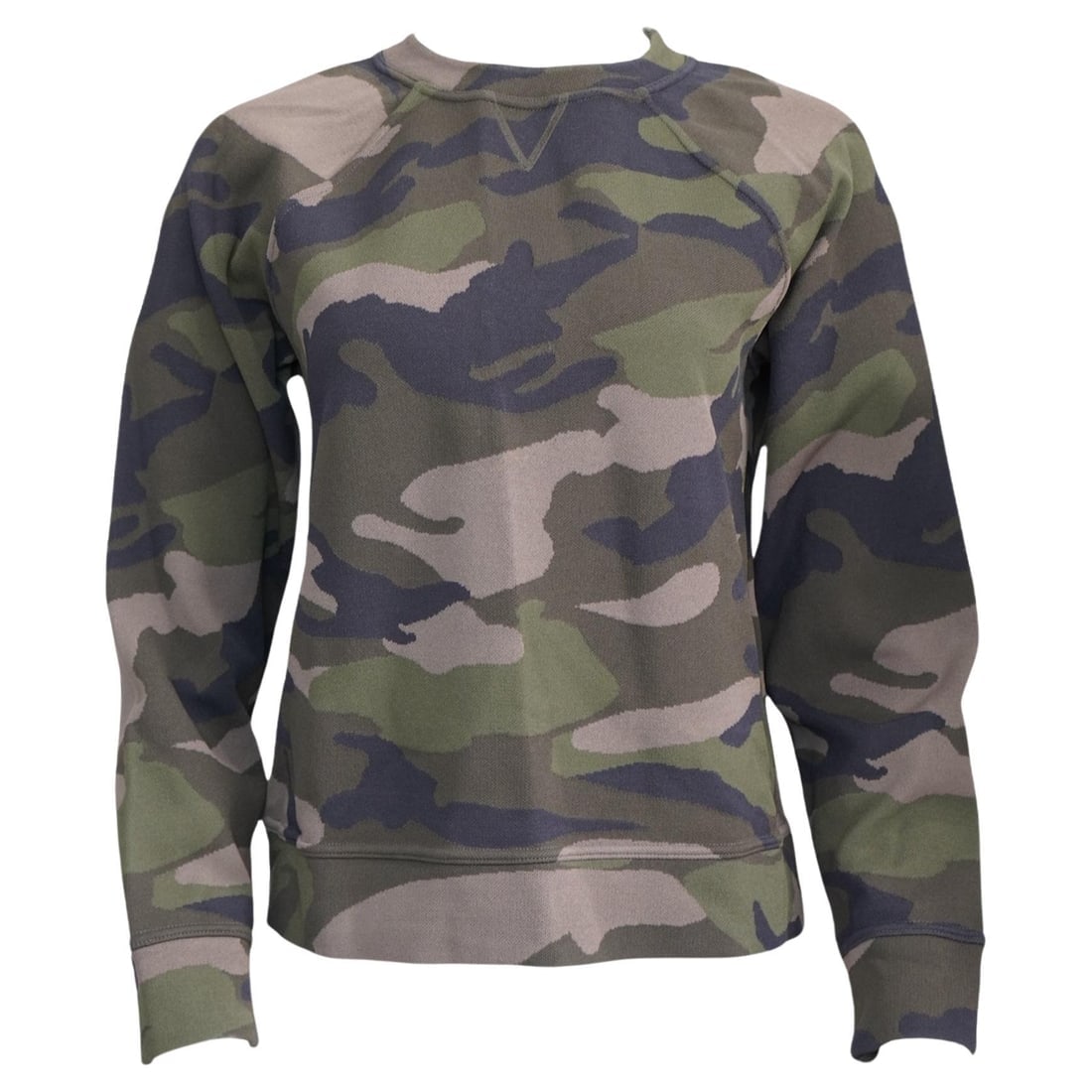 Valentino Camo Print Long Sleeve Crew Neck Sweater: Valentino Camo Print Long Sleeve Crew Neck Sweater Size M 83% viscose 17% polyester Length: 23” Bust: 38” Reserve: $760.00 Shipping:Domestic: Flat-rate of $85.99 to anywhere
