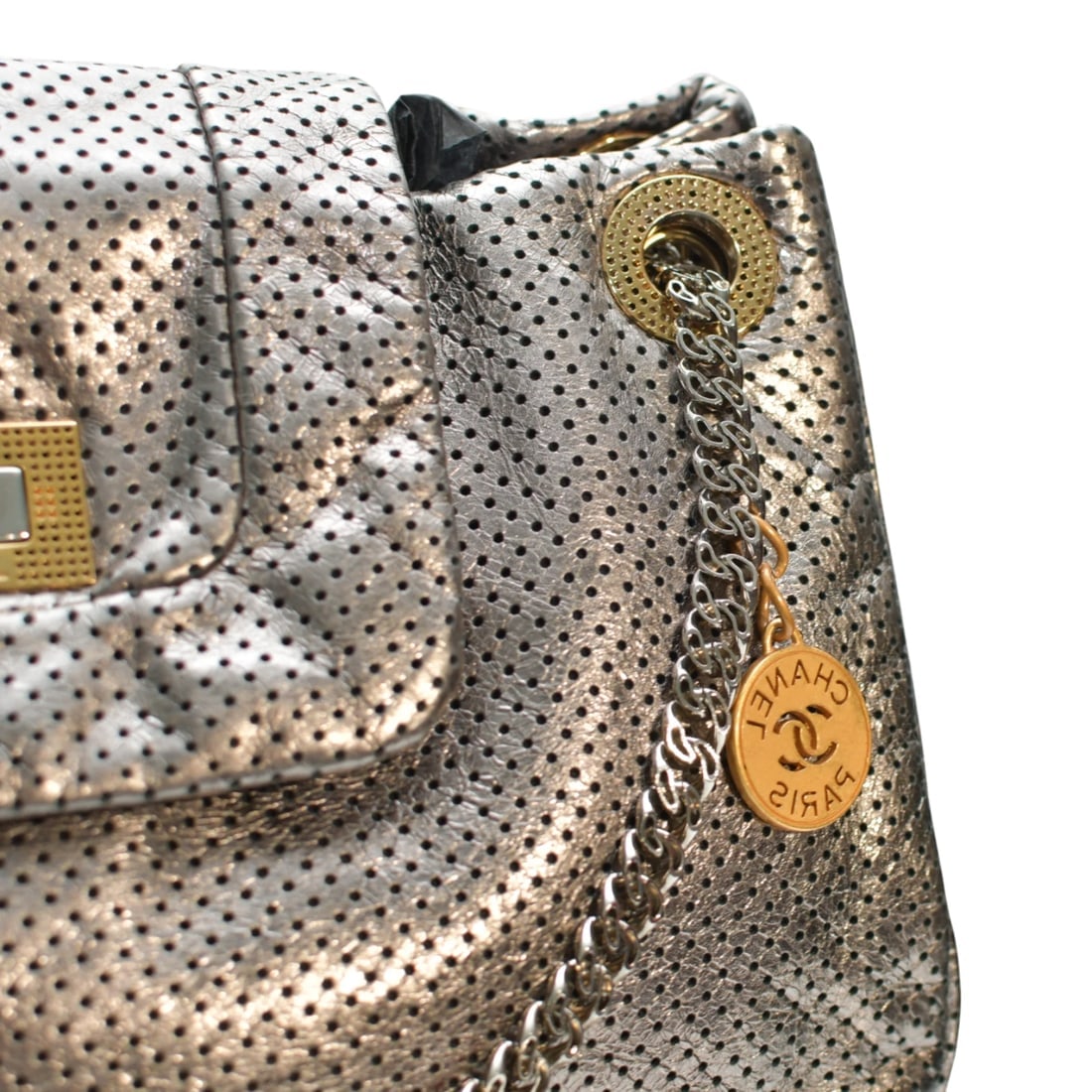 CHANEL Silver Metallic Drill Perforated Leather Large Flap Tote Bag Gold Chain - 11