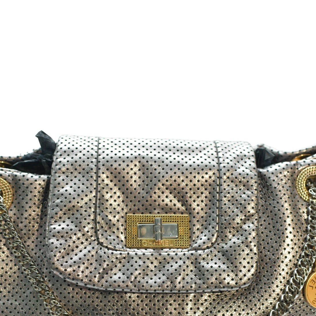 CHANEL Silver Metallic Drill Perforated Leather Large Flap Tote Bag Gold Chain - 12