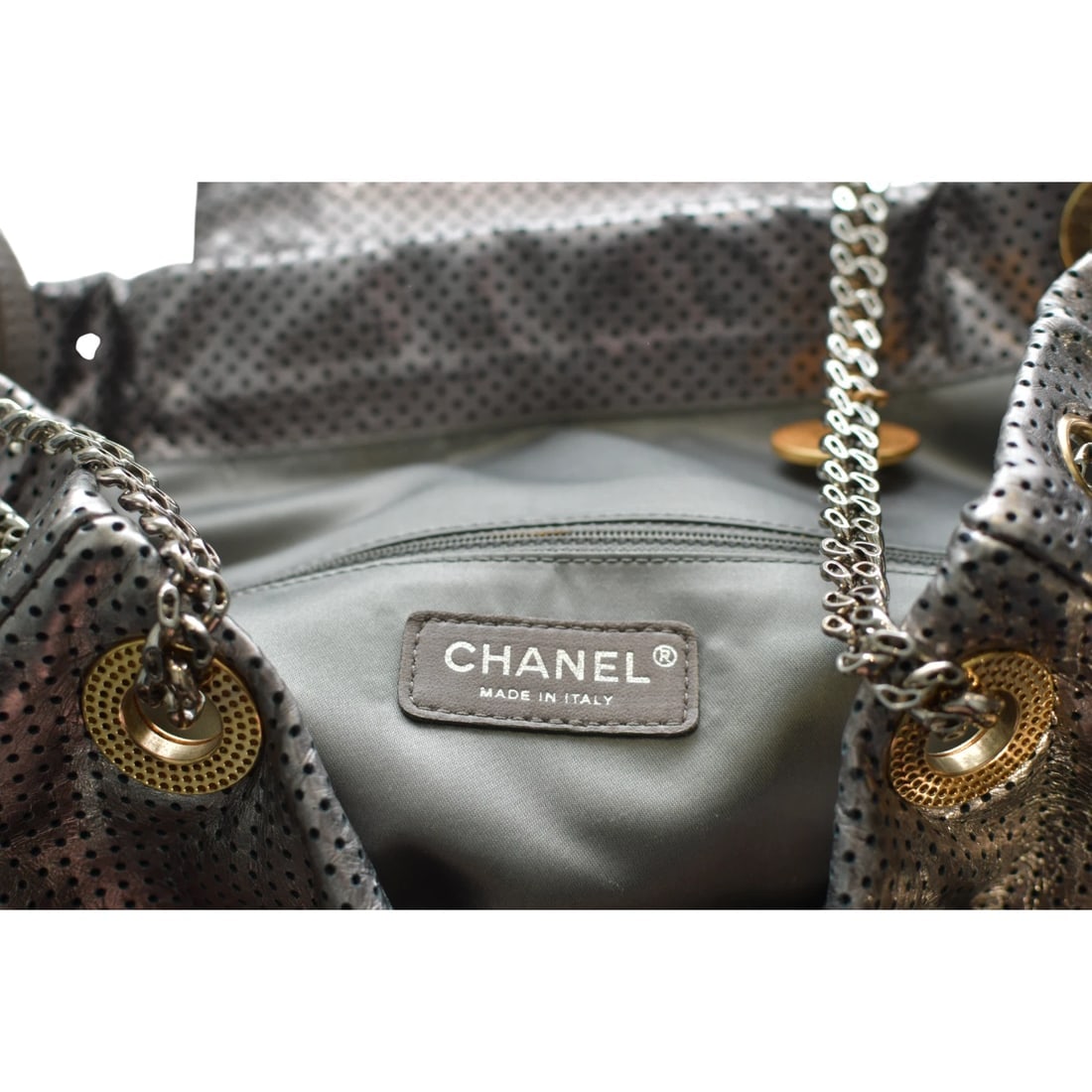 CHANEL Silver Metallic Drill Perforated Leather Large Flap Tote Bag Gold Chain - 13