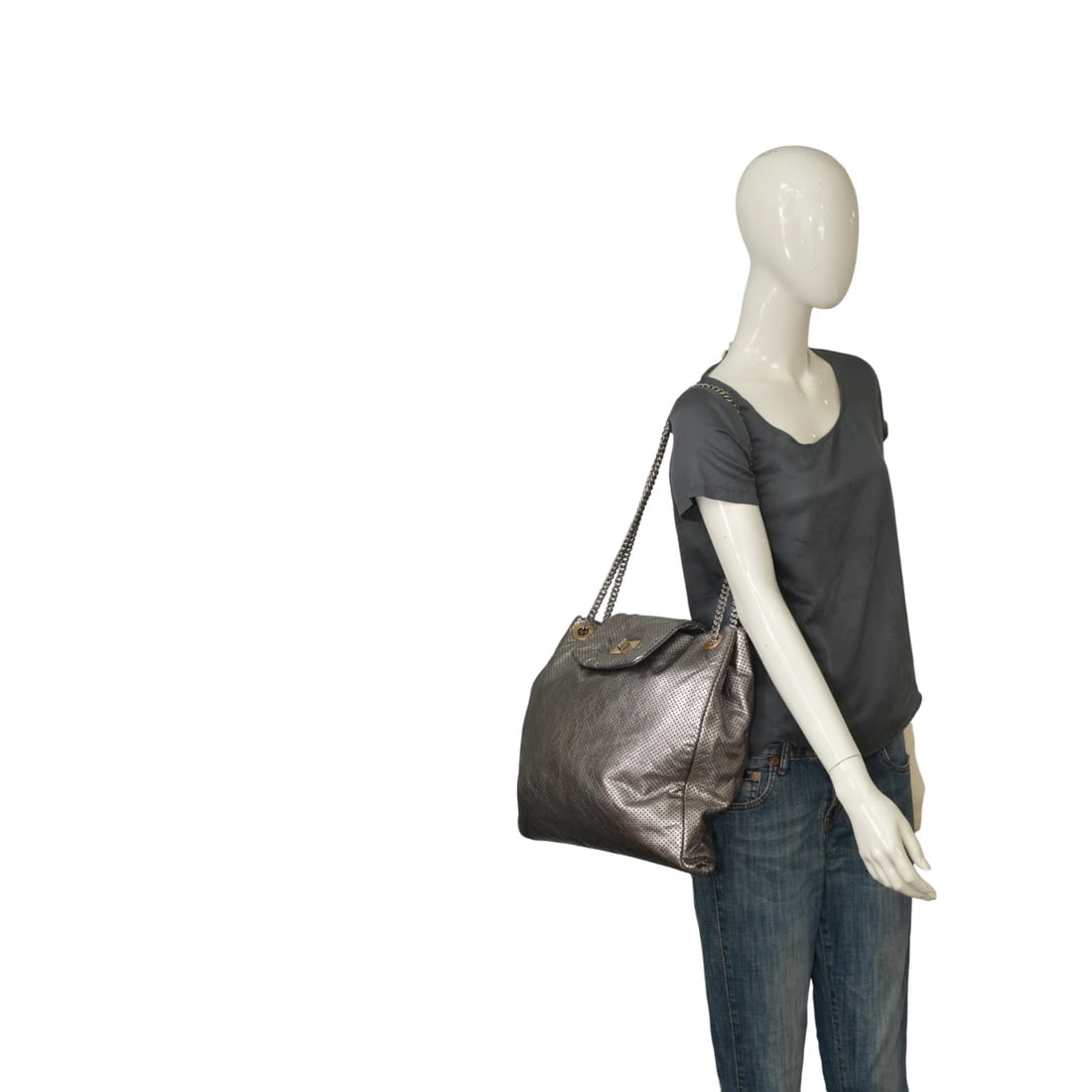 CHANEL Silver Metallic Drill Perforated Leather Large Flap Tote Bag Gold Chain - 15