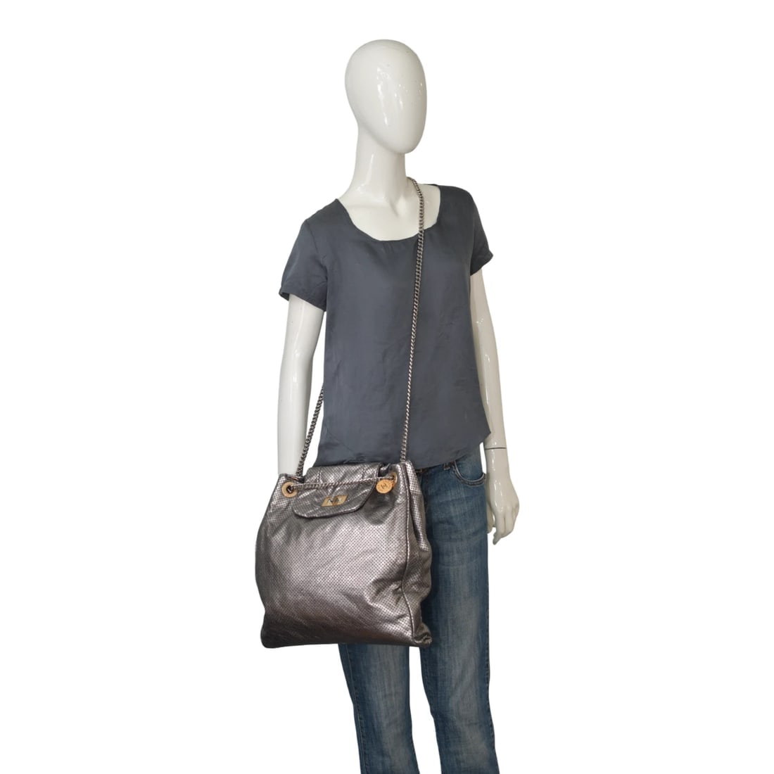 CHANEL Silver Metallic Drill Perforated Leather Large Flap Tote Bag Gold Chain - 16