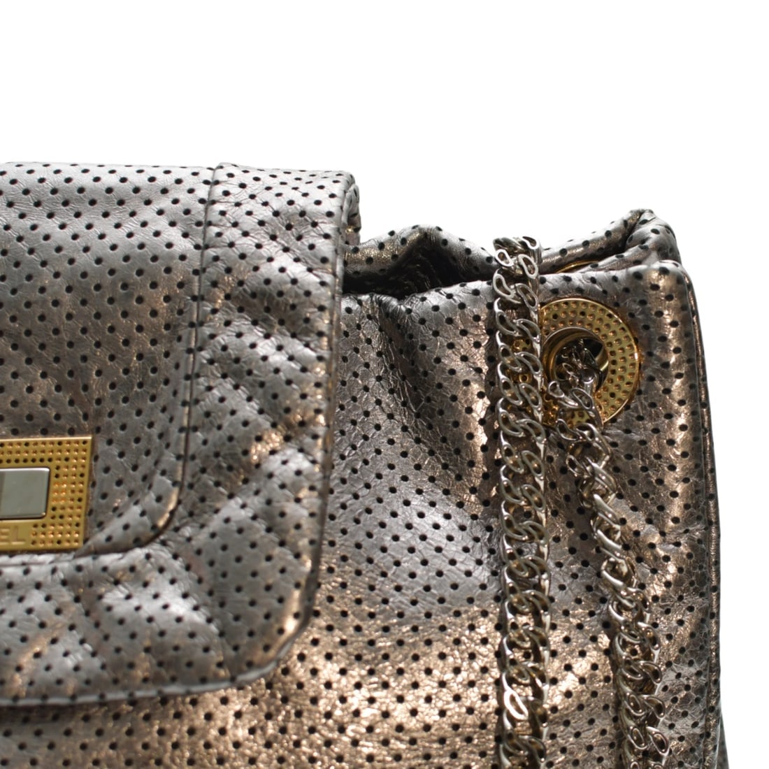 CHANEL Silver Metallic Drill Perforated Leather Large Flap Tote Bag Gold Chain - 17