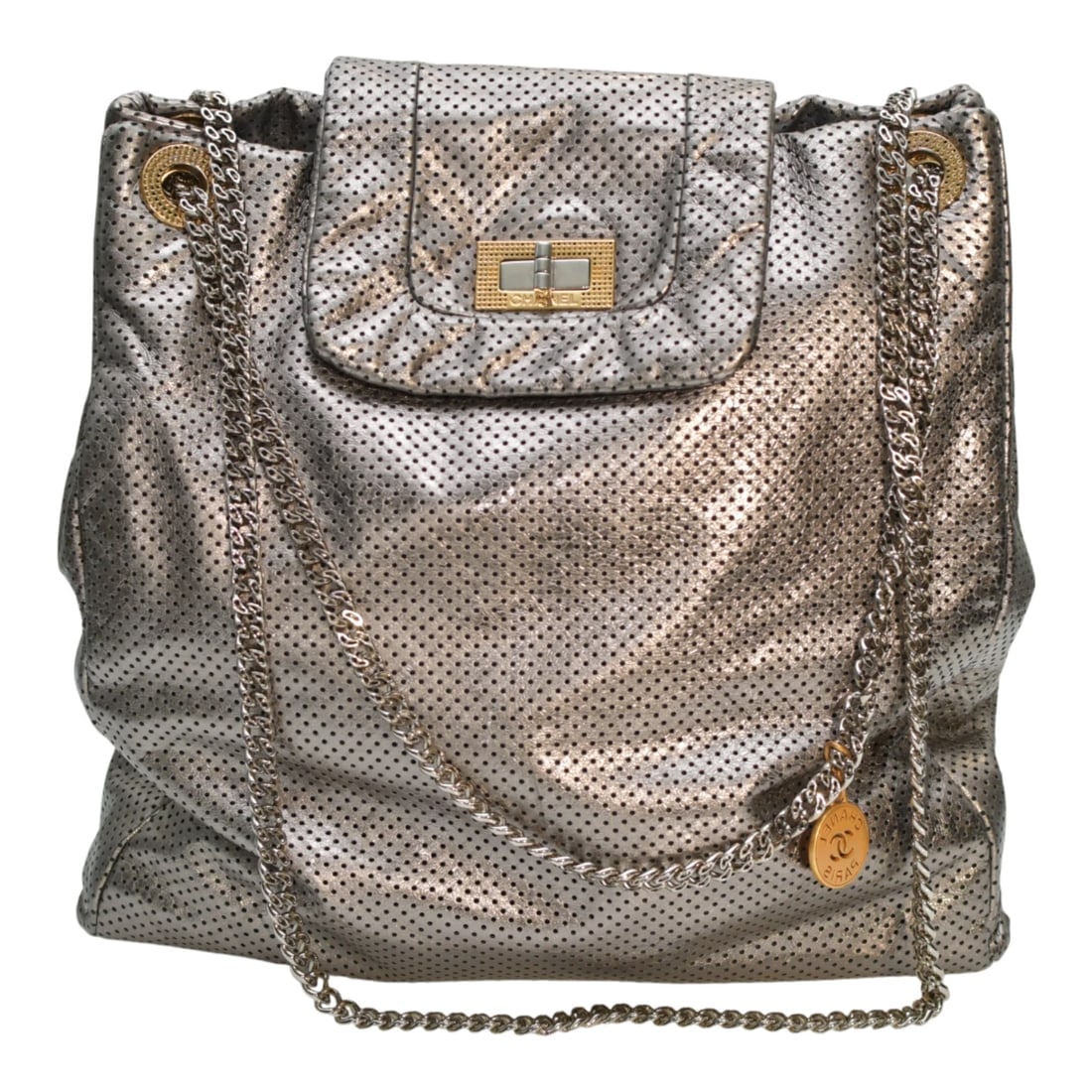 CHANEL Silver Metallic Drill Perforated Leather Large Flap Tote Bag Gold Chain: Title:CHANEL Silver Metallic Drill Perforated Leather Large Flap Tote Bag Gold ChainDescription:CHANEL Silver Metallic Drill Perforated Leather Large Flap Tote Bag Gold Chain Strap This authentic