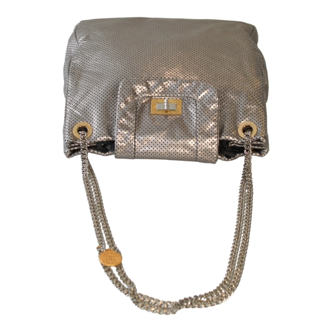 CHANEL Silver Metallic Drill Perforated Leather Large Flap Tote Bag Gold Chain - 5