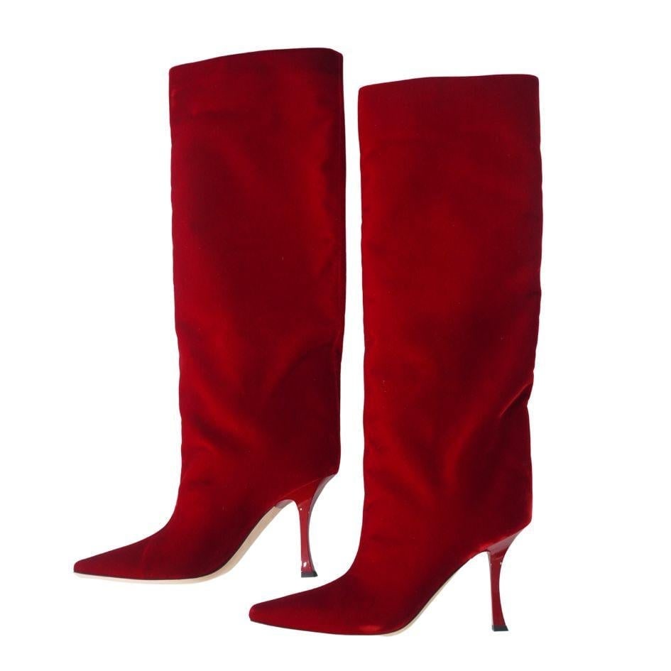 Jimmy Choo Chad 90 Pointed Toe Red Velvet Knee High Boots 41 - 19