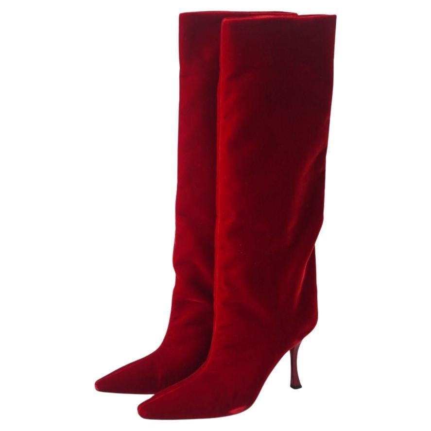 Jimmy Choo Chad 90 Pointed Toe Red Velvet Knee High Boots 41 - 7