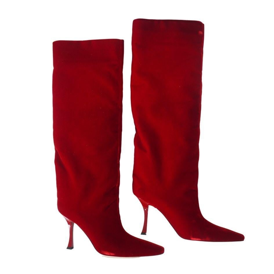 Jimmy Choo Chad 90 Pointed Toe Red Velvet Knee High Boots 41 - 9