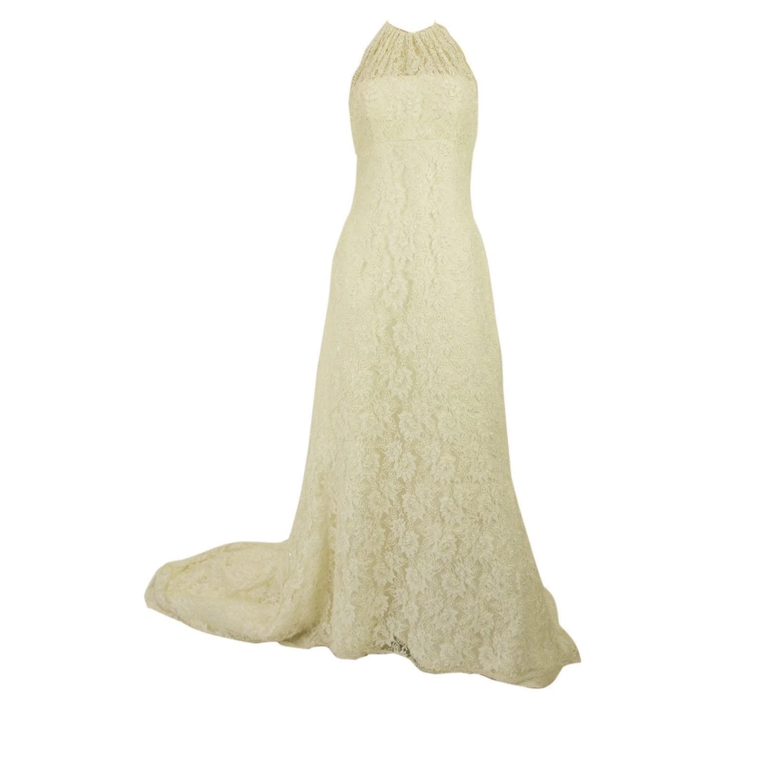 Pronovias White Beaded Floor Length Bridal Wedding Gown Halter Lace Dress 42 It - 9