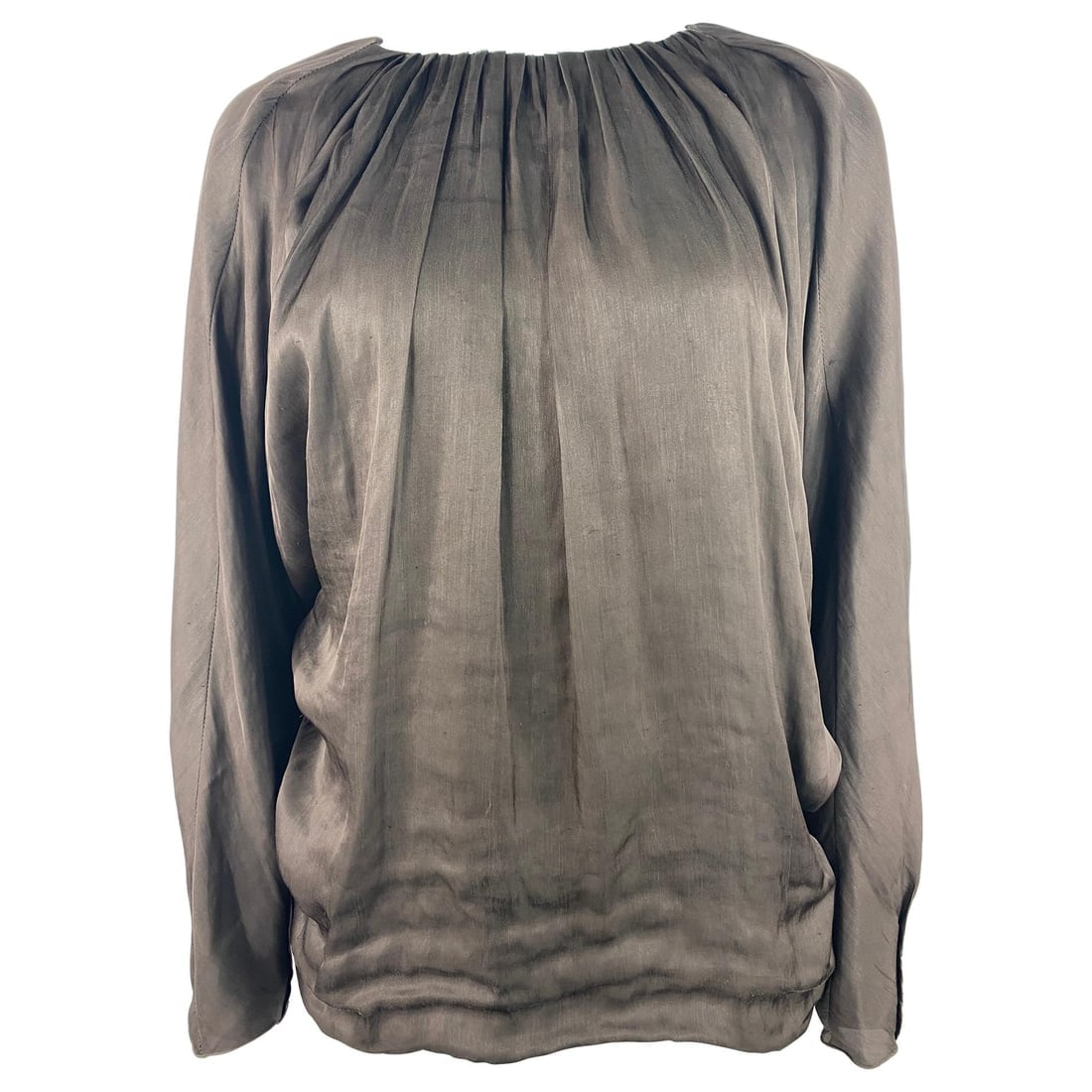 Vintage LANVIN Collection Brown Silk Top Blouse: Product details: The blouse is designed by Lanvin. It feature brown silk finish and crew neck line with flare design detail and rear button closure. Reserve: $520.00 