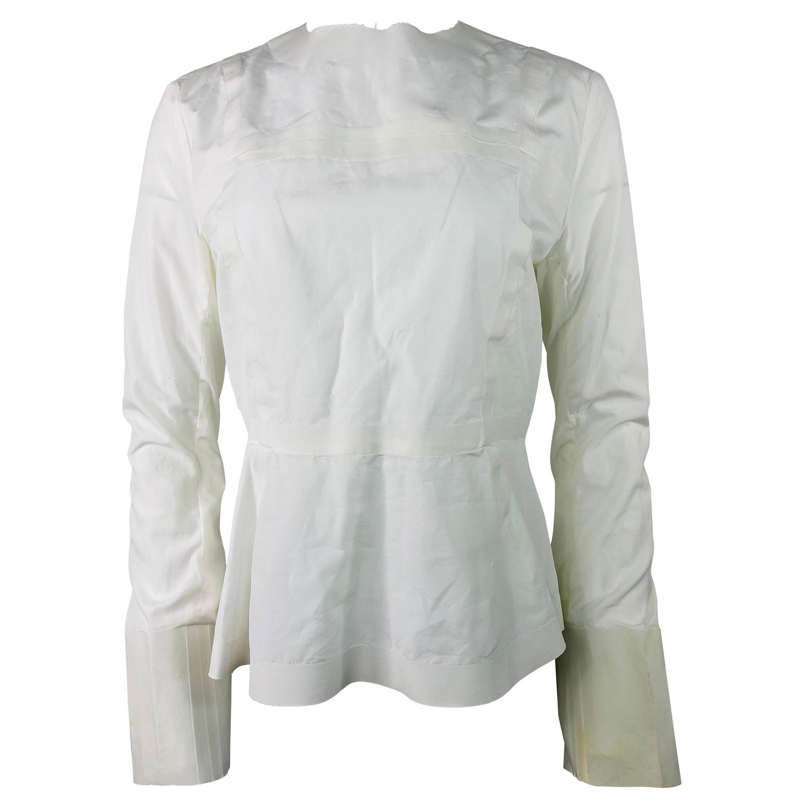 Celine White Cotton Long Sleeves Blouse Top Size 40: Product details: Featuring 100% cotton, crew neck line, flare sleeves detail, concealed rear zip closure. Reserve: $600.00 Shipping:Domestic: Flat-rate of $85.99 to anywhere within the