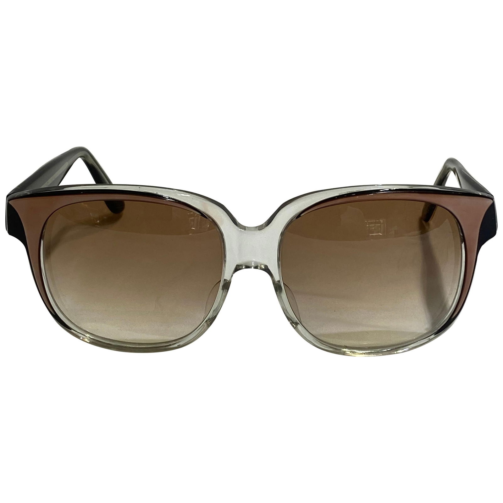 Vintage Emanuel Khanh Paris Square Sunglasses: Product details: Circa 1970. Featuring clear, black and brown frame with round square brown gradient lens and gold tone EK signature on the sides. Signed Emmanuelle Khanh Paris B. Robinson. Handmade