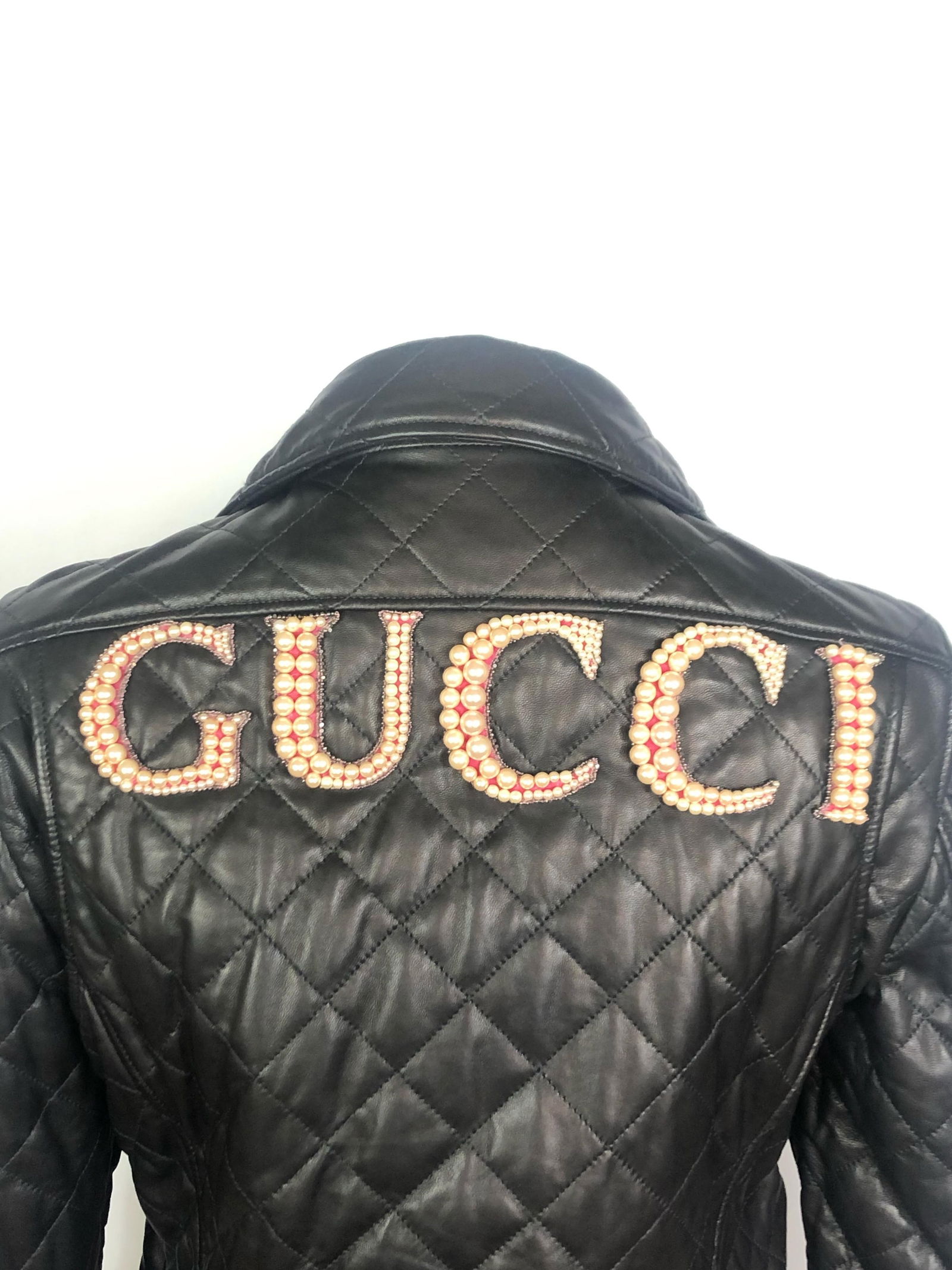 GUCCI Brown Leather Moto Jacket w/ Pearls Size 44 - 8