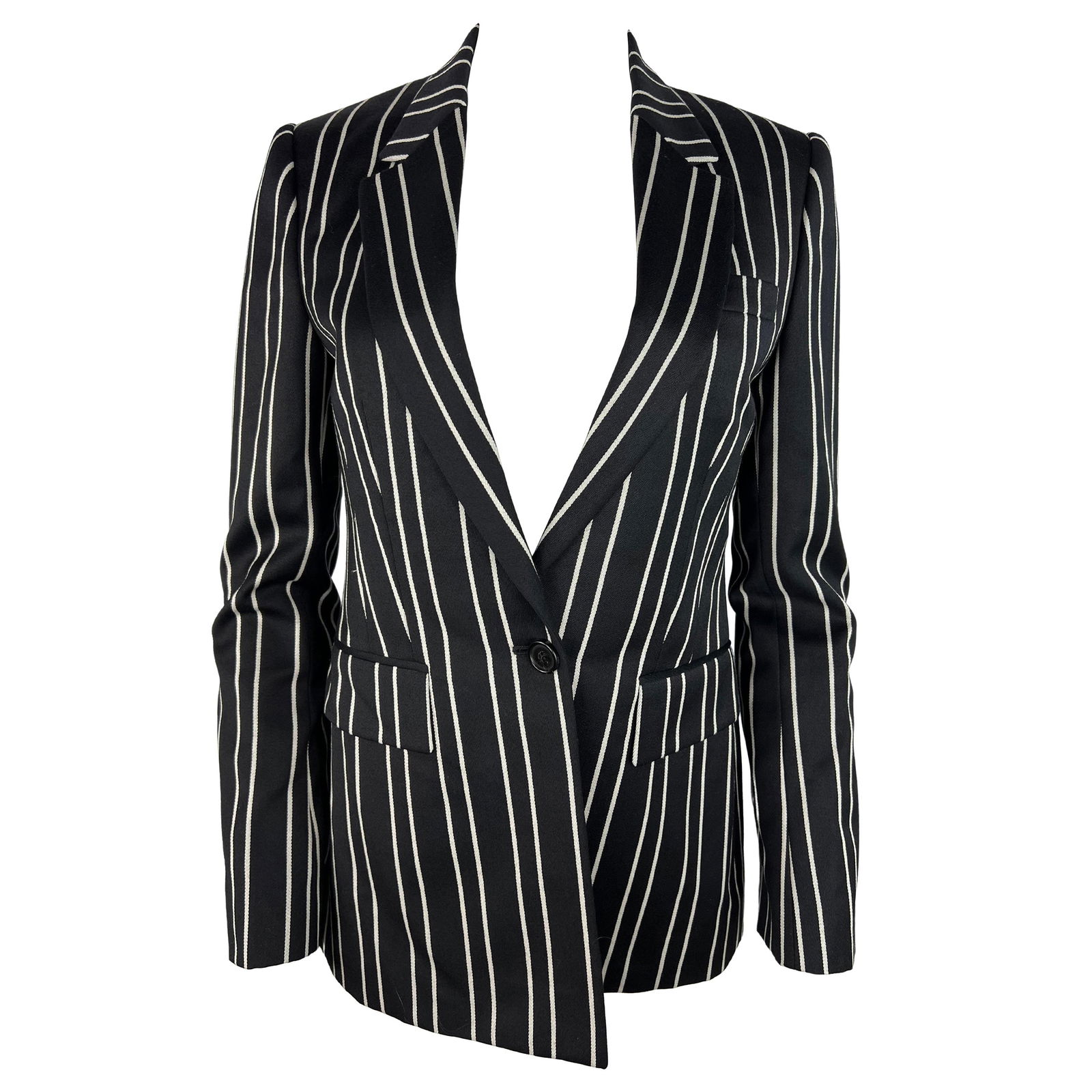 Givenchy Black and White Blazer Jacket, Size 40: Product details: The jacket is made out of 100% wool, featuring stripped pattern with front button closure and button details on the sleeves. Reserve: $520.00 Shipping: Domestic: Flat-rate o