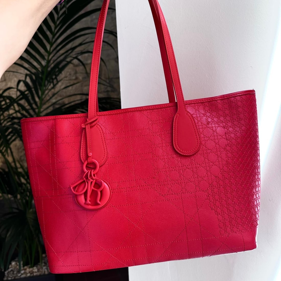 CHRISTIAN DIOR Panarea Tote Bag in Coral Red Cannage Canvas: Title:CHRISTIAN DIOR Panarea Tote Bag in Coral Red Cannage CanvasMaterials:Coated CanvasDimensions:• Length: 32x40 cm• Height: 24 cm• Width: 16 cmDescription:(6179B304). Dior
