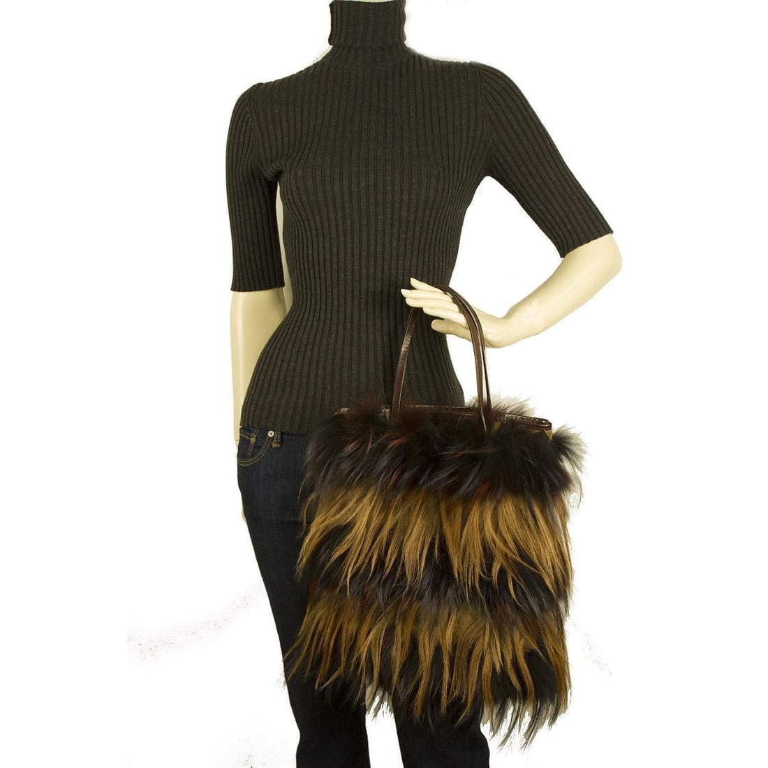 Fendi Long Hair Fox Stripped Fur Brown Leather Shoulder Bucket Tote Bag Handbag - 8