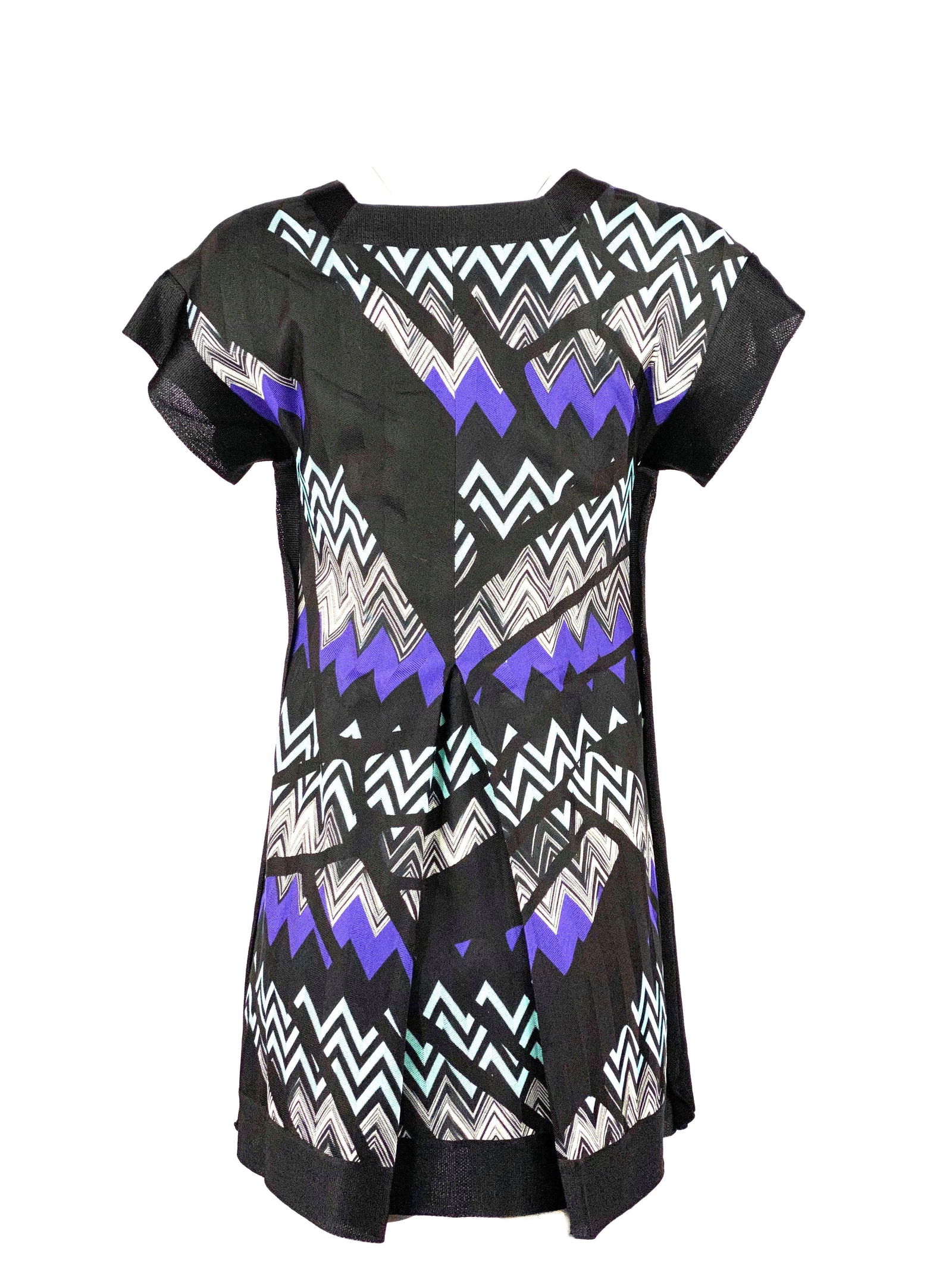 MISSONI Black and Blue Zig Zag V- Neck Short Sleeves Mini Dress - 11