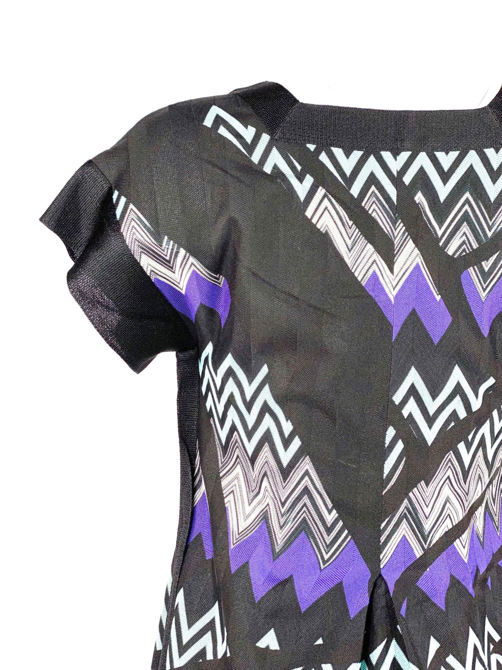 MISSONI Black and Blue Zig Zag V- Neck Short Sleeves Mini Dress - 13