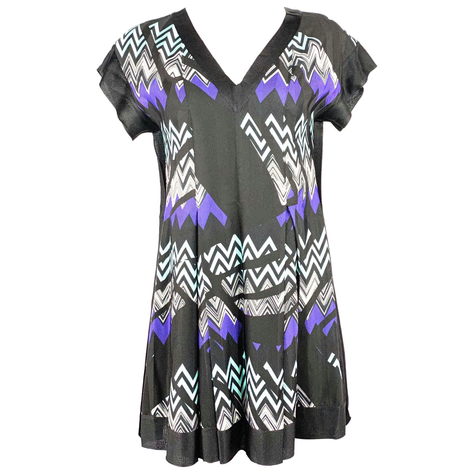 MISSONI Black and Blue Zig Zag V- Neck Short Sleeves Mini Dress - 17