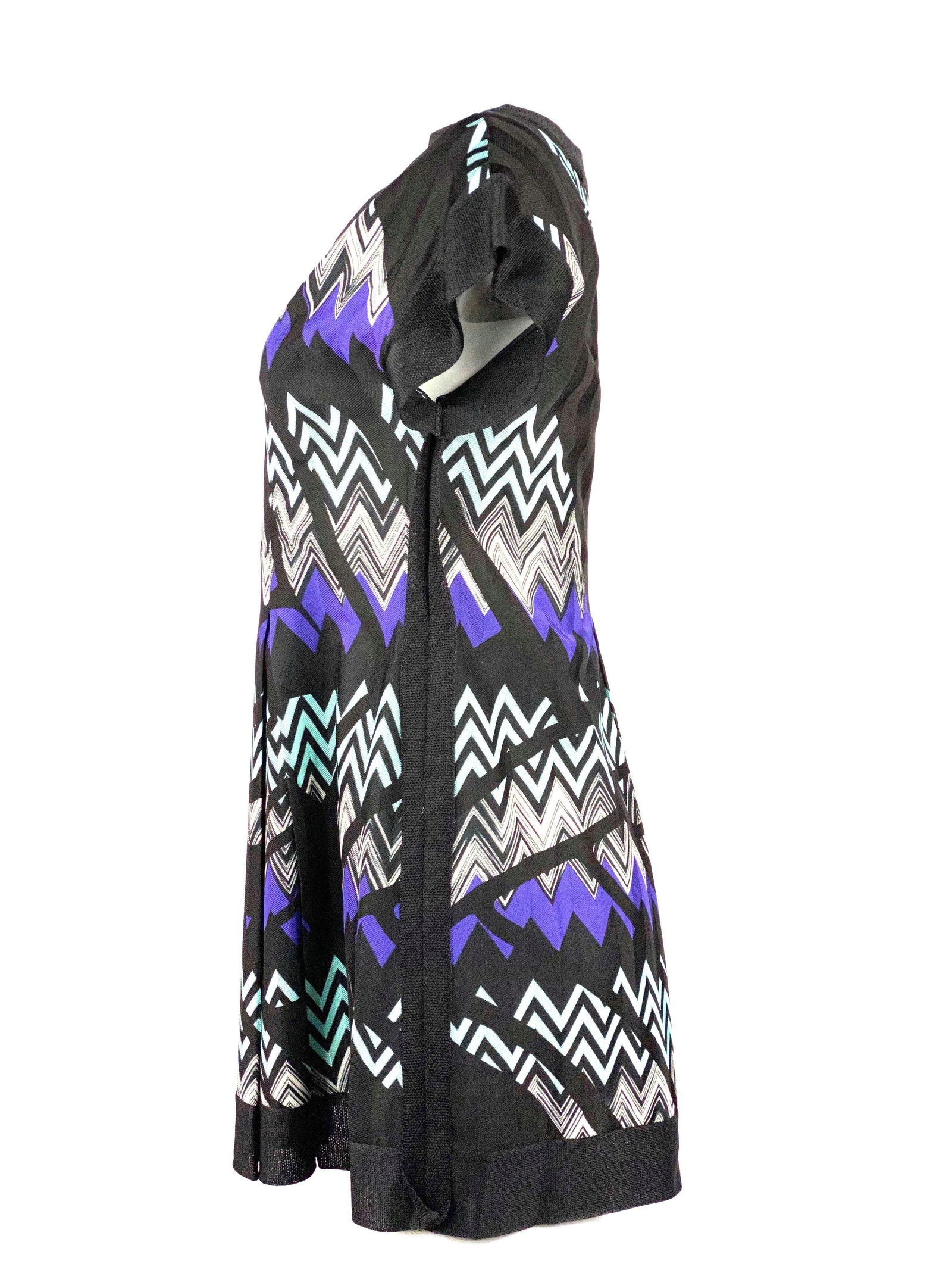 MISSONI Black and Blue Zig Zag V- Neck Short Sleeves Mini Dress - 20