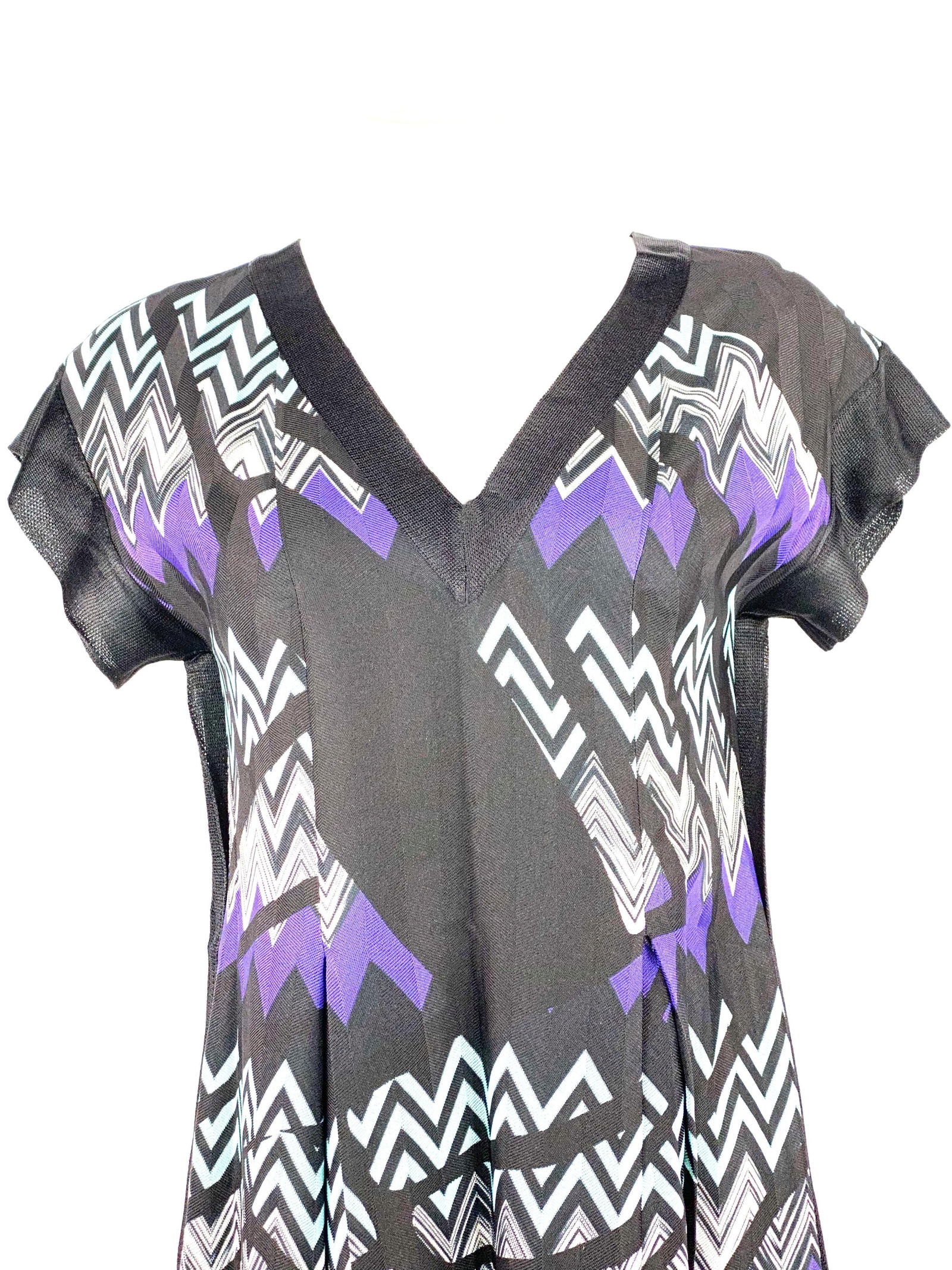 MISSONI Black and Blue Zig Zag V- Neck Short Sleeves Mini Dress - 8