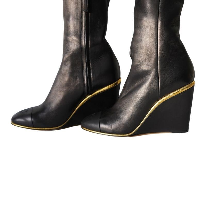 Chanel Black Leather CC Over The Knee Wedge Boots SZ 40 - 12