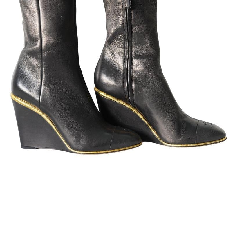 Chanel Black Leather CC Over The Knee Wedge Boots SZ 40 - 13