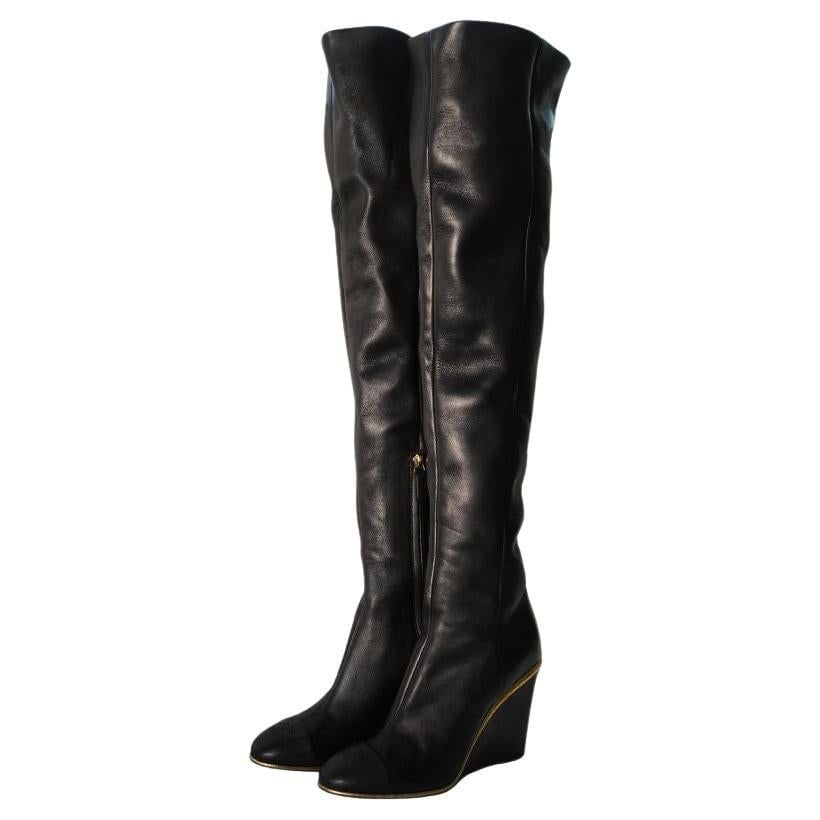 Chanel Black Leather CC Over The Knee Wedge Boots SZ 40: Chanel Black Leather CC Over The Knee Wedge Boots Size 40 Comes with box and dust bags Great overall condition. Has a little wear on the gold on the back of the shoe, as shown in photo. Total boot hei