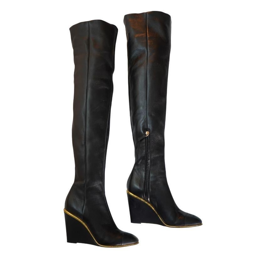 Chanel Black Leather CC Over The Knee Wedge Boots SZ 40 - 8