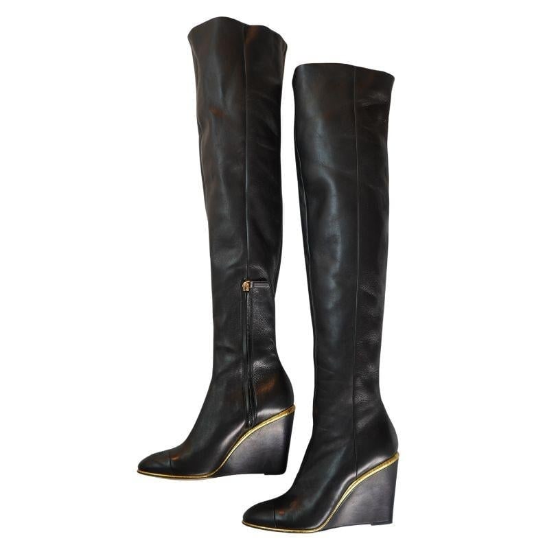 Chanel Black Leather CC Over The Knee Wedge Boots SZ 40 - 9